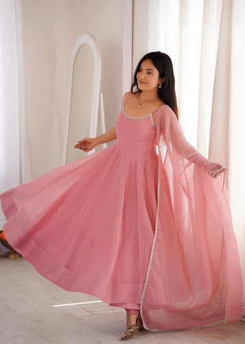 Dusty Pink Crunchy Silk Anarkali Suit Set With Siroski Work