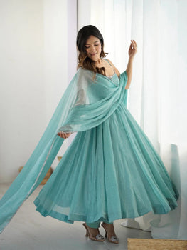 Sky Crunchy Silk Anarkali Suit Set With Siroski Work