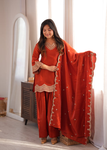 Rust Glass Roman Silk Kurta Suit Set With Embroidery Work