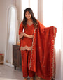 Rust Glass Roman Silk Kurta Suit Set With Embroidery Work