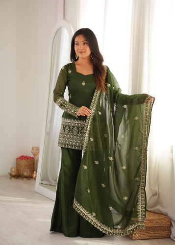 Mehendi Crunchy Silk Kurta Suit Set With Embroidery Work