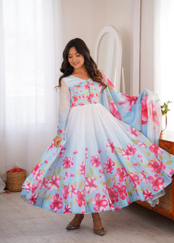 Sky Blue Soft Organza Silk Anarkali Suit Set With Floral Print