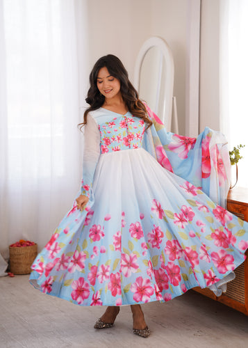 Sky Blue Soft Organza Silk Anarkali Suit Set With Floral Print