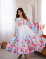 Sky Blue Soft Organza Silk Anarkali Suit Set With Floral Print