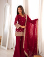 Maroon Crunchy Silk Kurta Suit Set With Embroidery Work