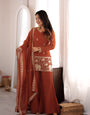 Rust Crunchy Silk Kurta Suit Set With Embroidery Work