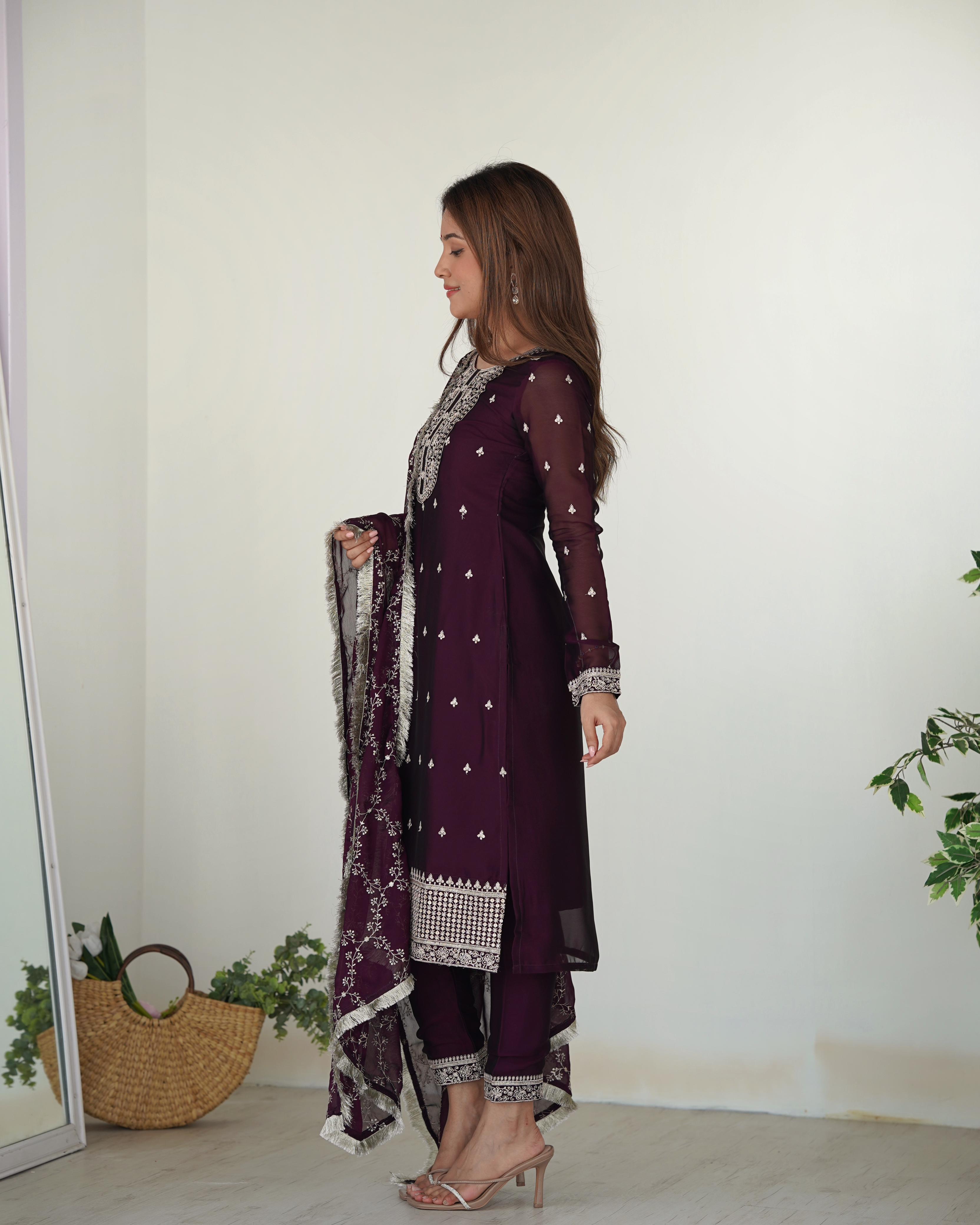 Wine Pure Blooming Rangoli Silk Kurta Suit Set With Dupatta & Pant