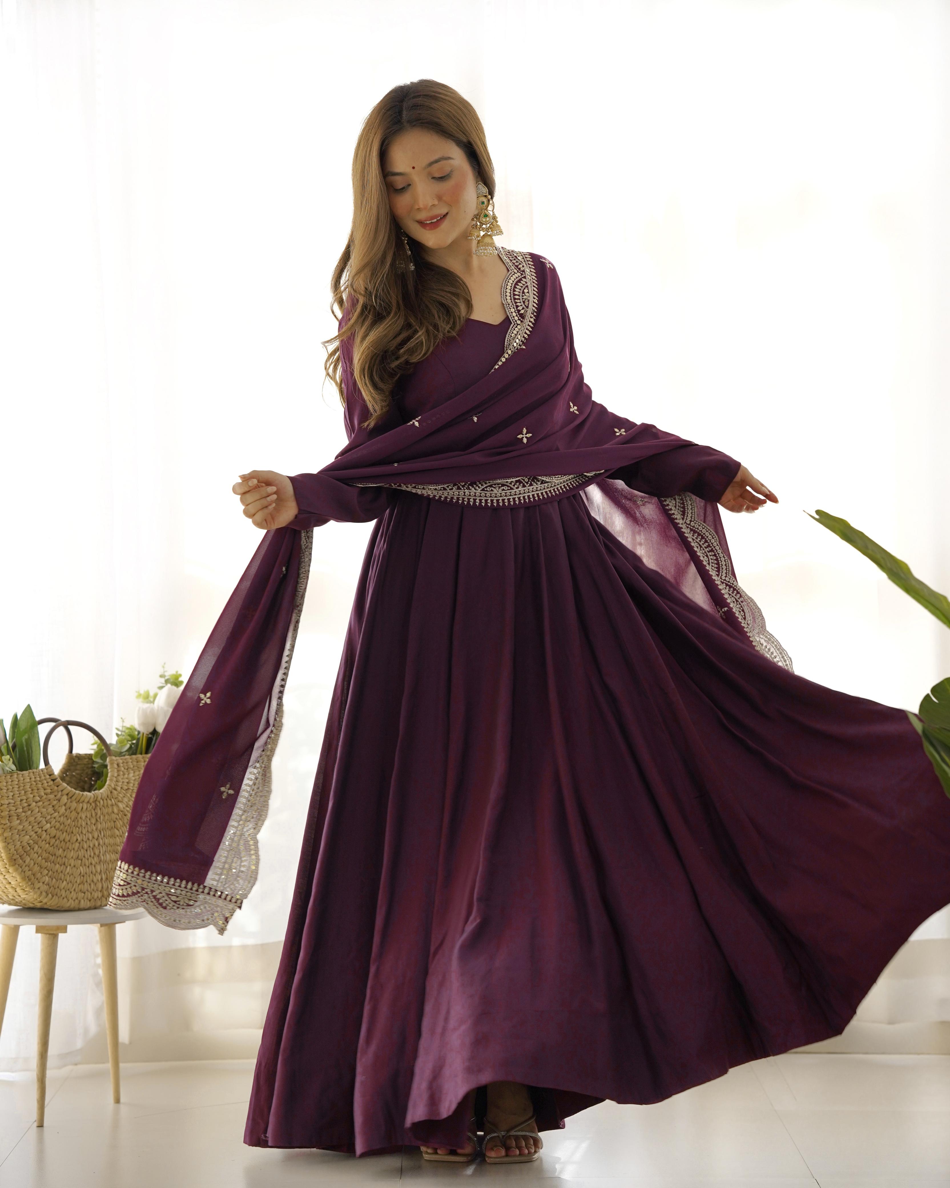 Wine Pure Roman Silk Chanderi Anarkali Suit Set With Huge Flair, Dupatta & Pant