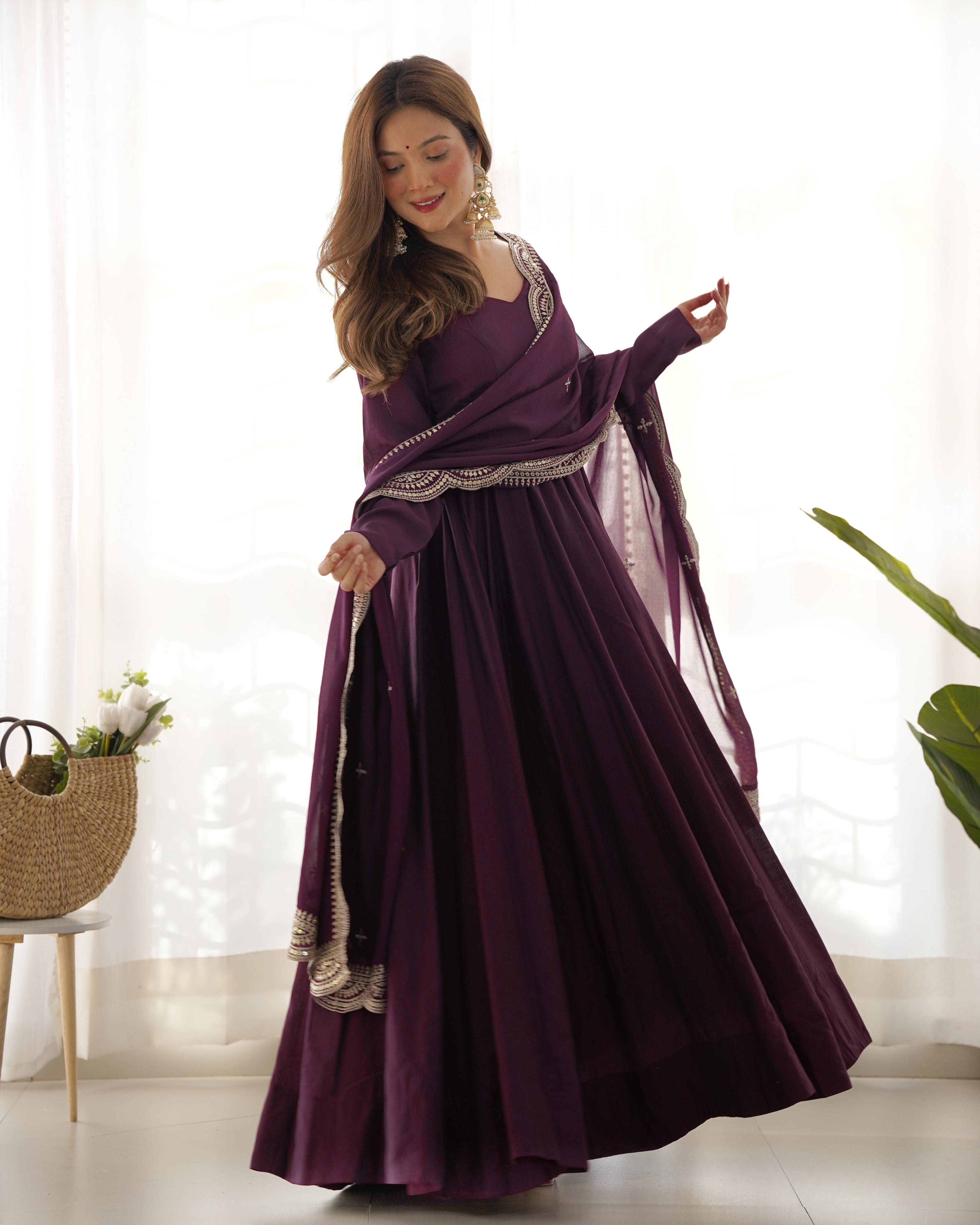 Wine Pure Roman Silk Chanderi Anarkali Suit Set With Huge Flair, Dupatta & Pant