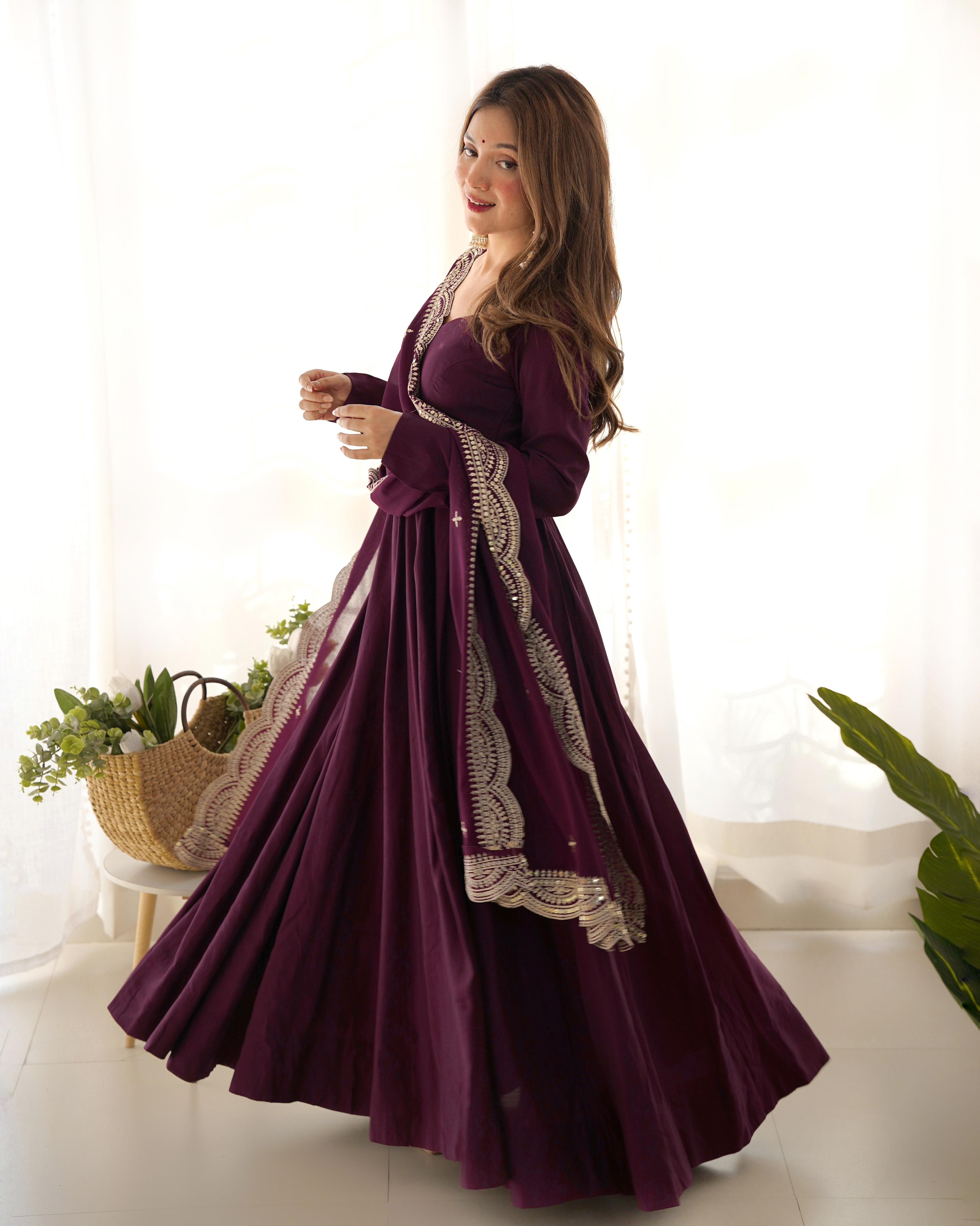 Wine Pure Roman Silk Chanderi Anarkali Suit Set With Huge Flair, Dupatta & Pant