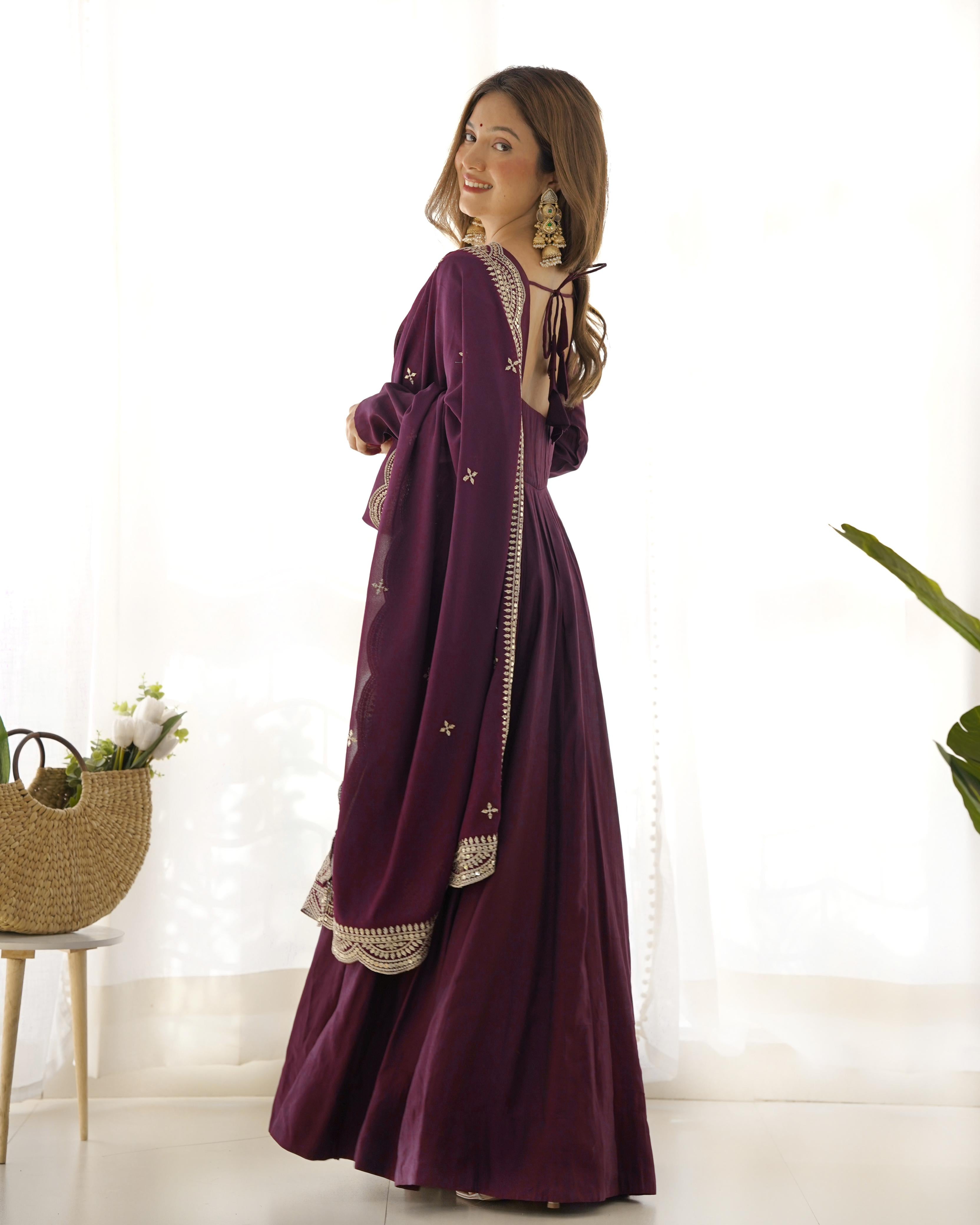 Wine Pure Roman Silk Chanderi Anarkali Suit Set With Huge Flair, Dupatta & Pant