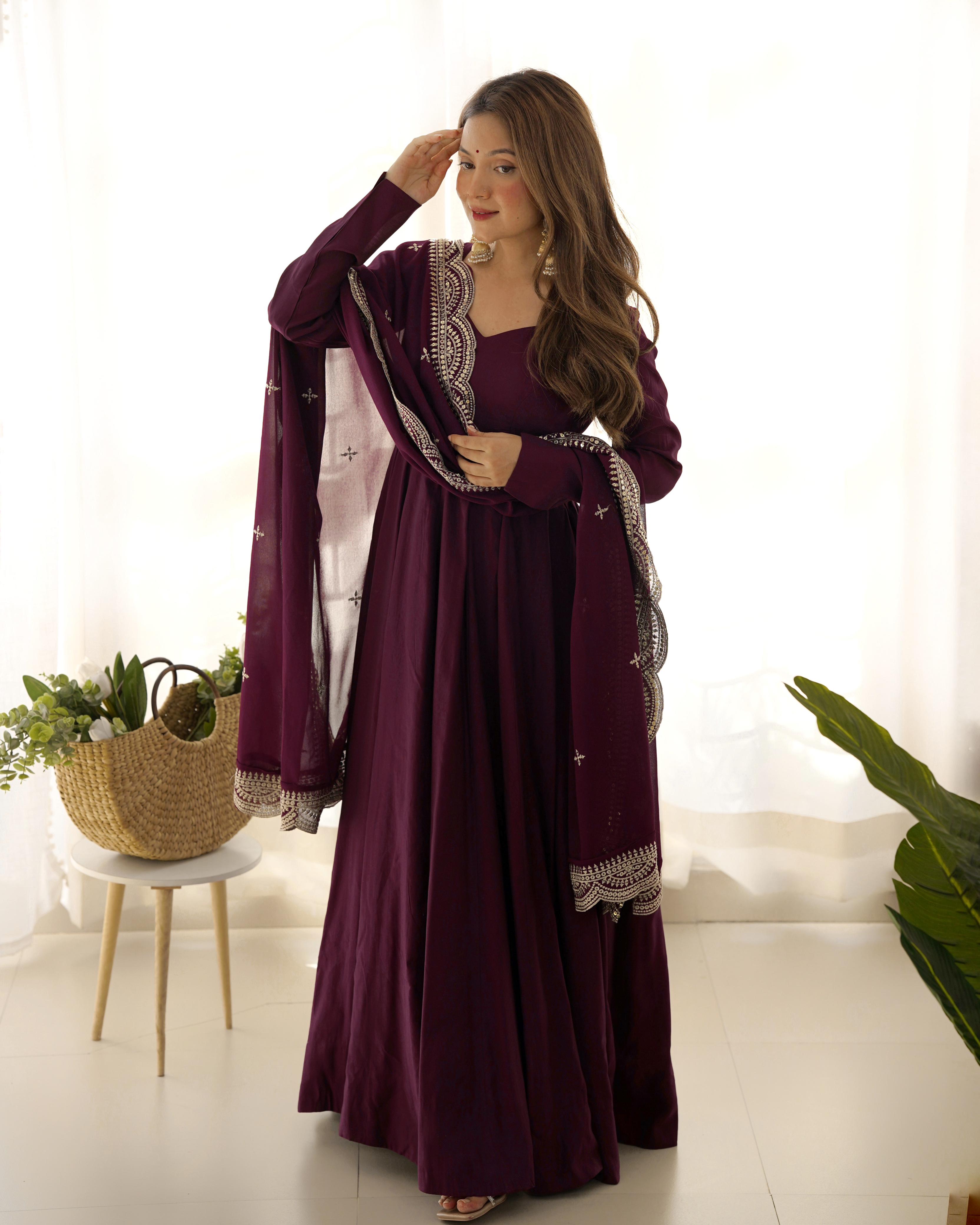 Wine Pure Roman Silk Chanderi Anarkali Suit Set With Huge Flair, Dupatta & Pant