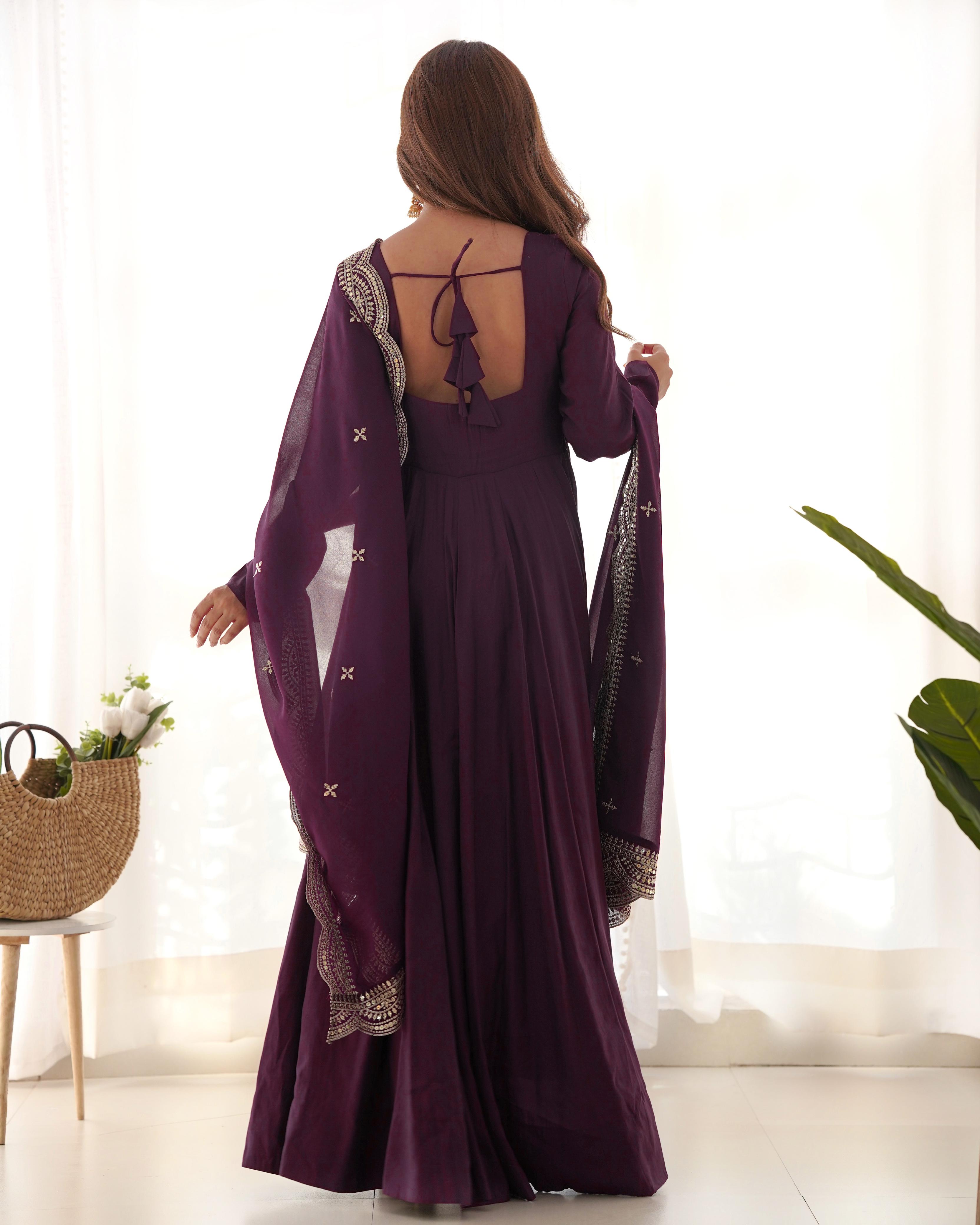 Wine Pure Roman Silk Chanderi Anarkali Suit Set With Huge Flair, Dupatta & Pant