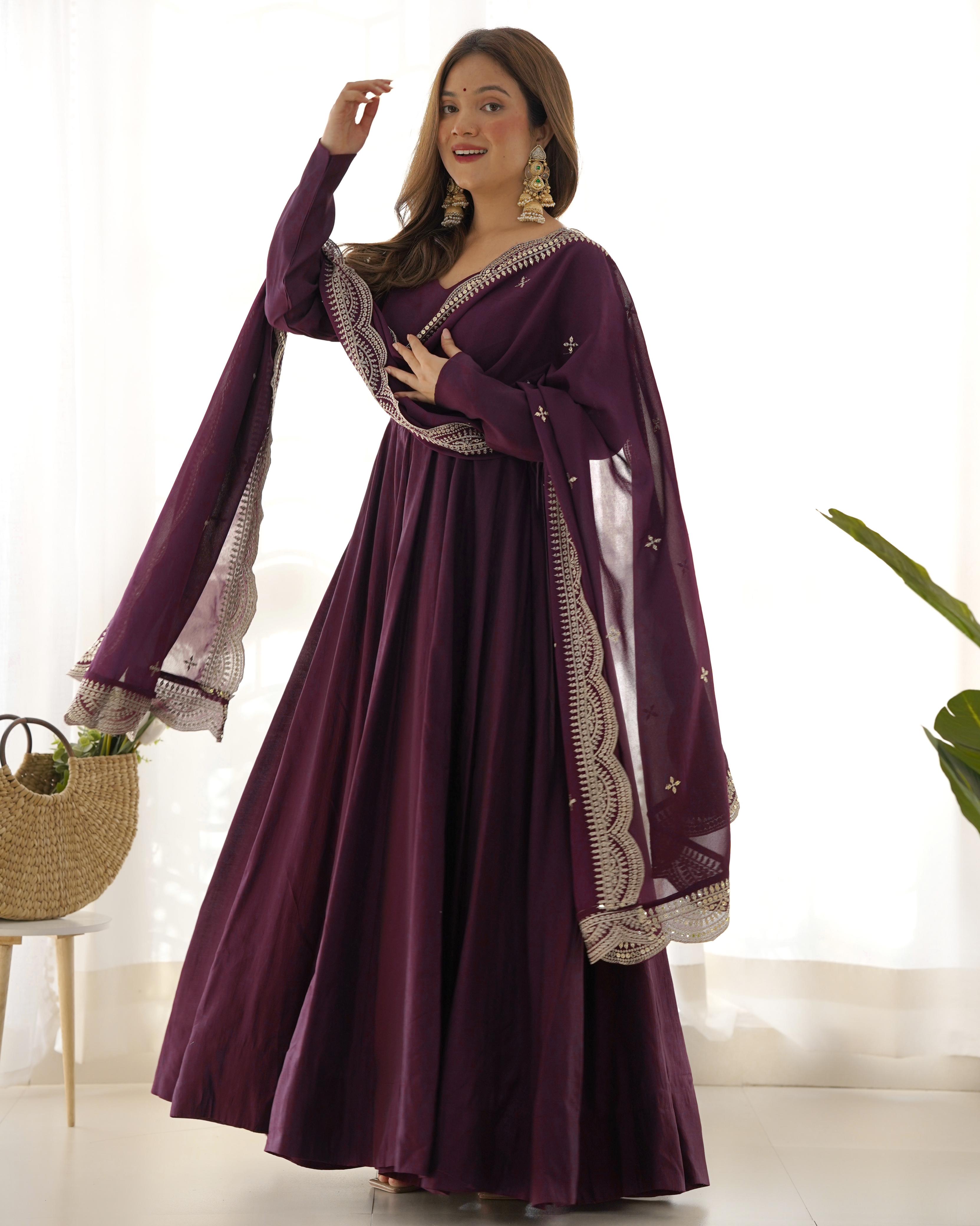 Wine Pure Roman Silk Chanderi Anarkali Suit Set With Huge Flair, Dupatta & Pant
