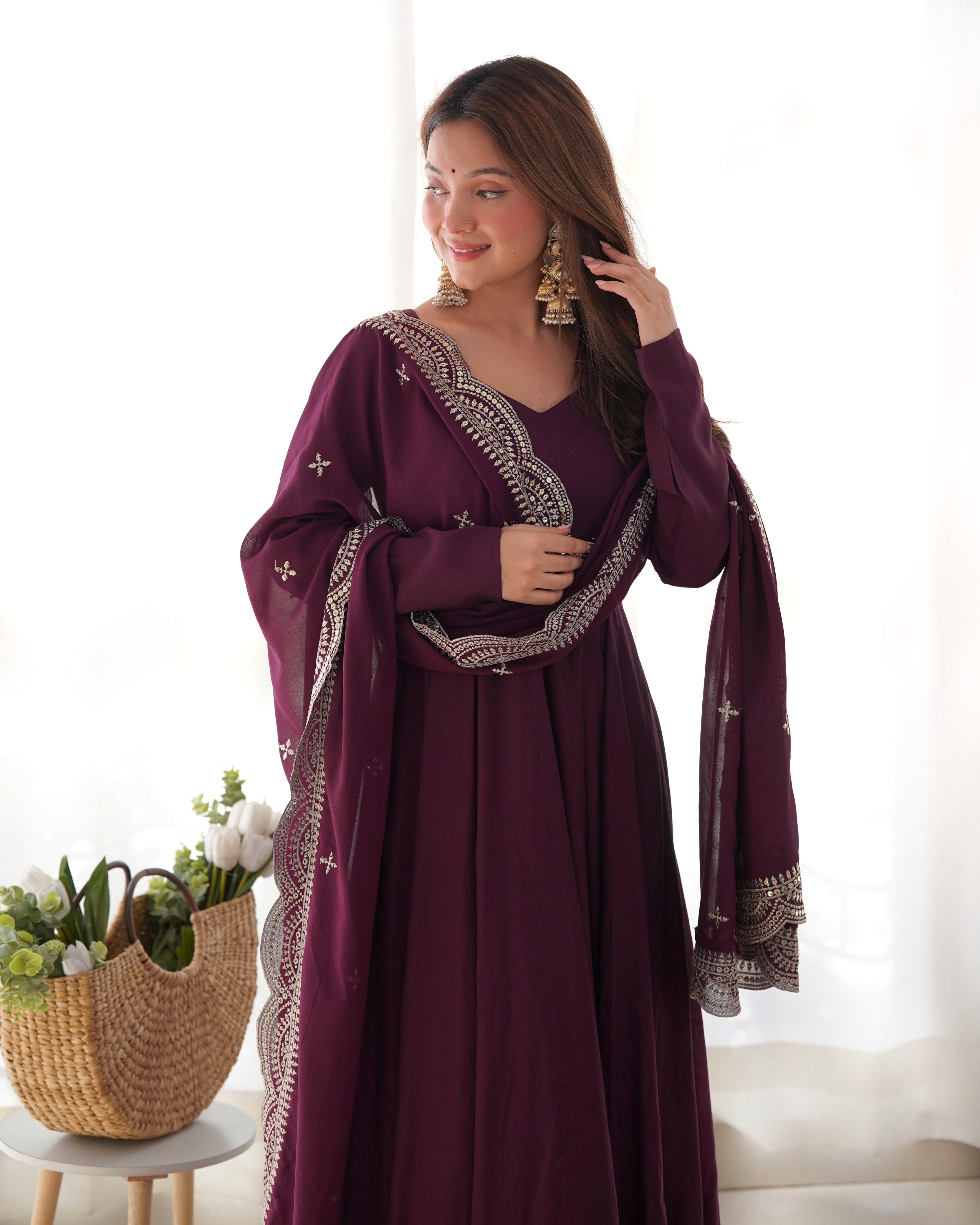 Wine Pure Roman Silk Chanderi Anarkali Suit Set With Huge Flair, Dupatta & Pant