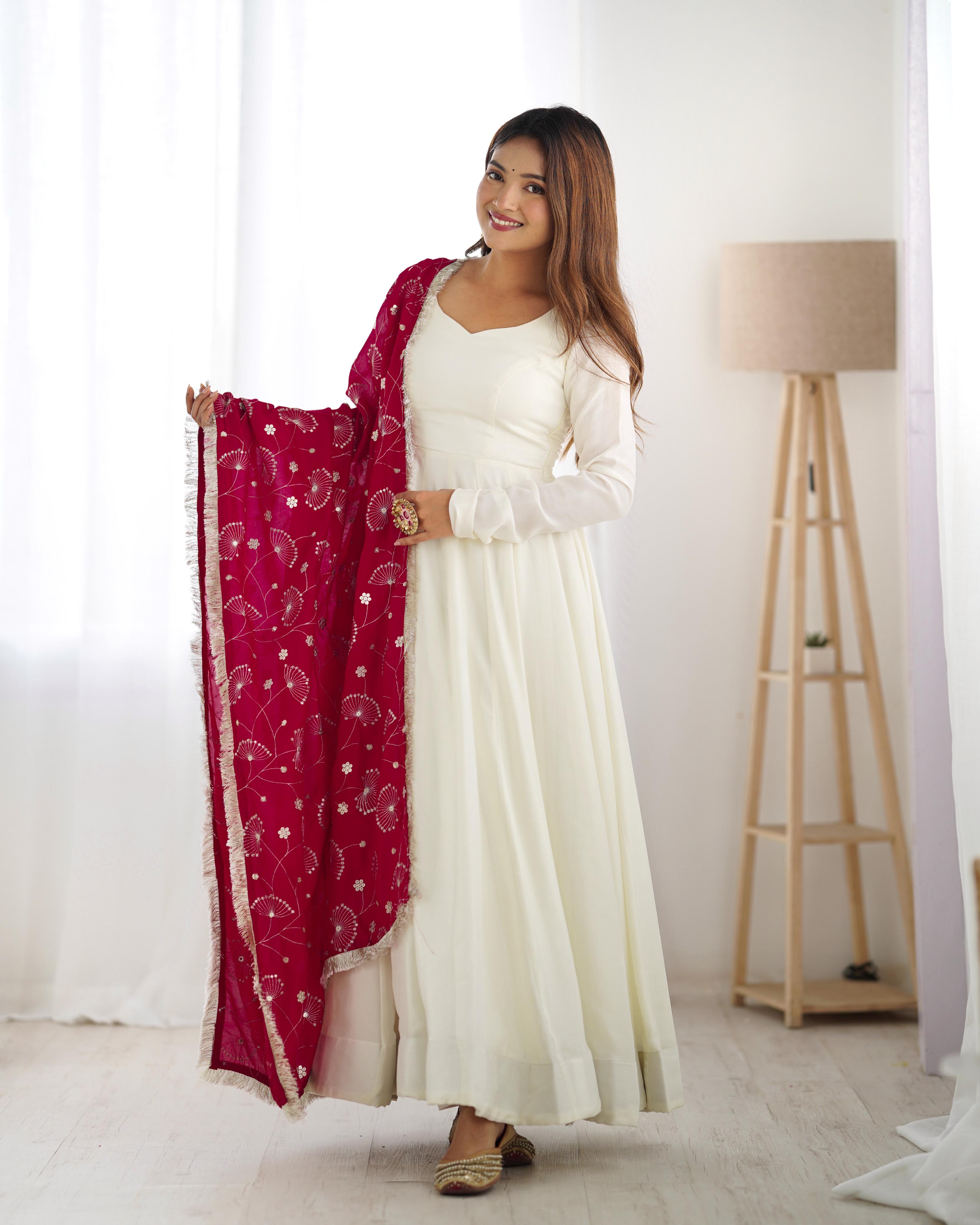 White Pure Soft Vichitra Silk Anarkali Suit Set With Huge Flair, Dark Pink Dupatta Pant