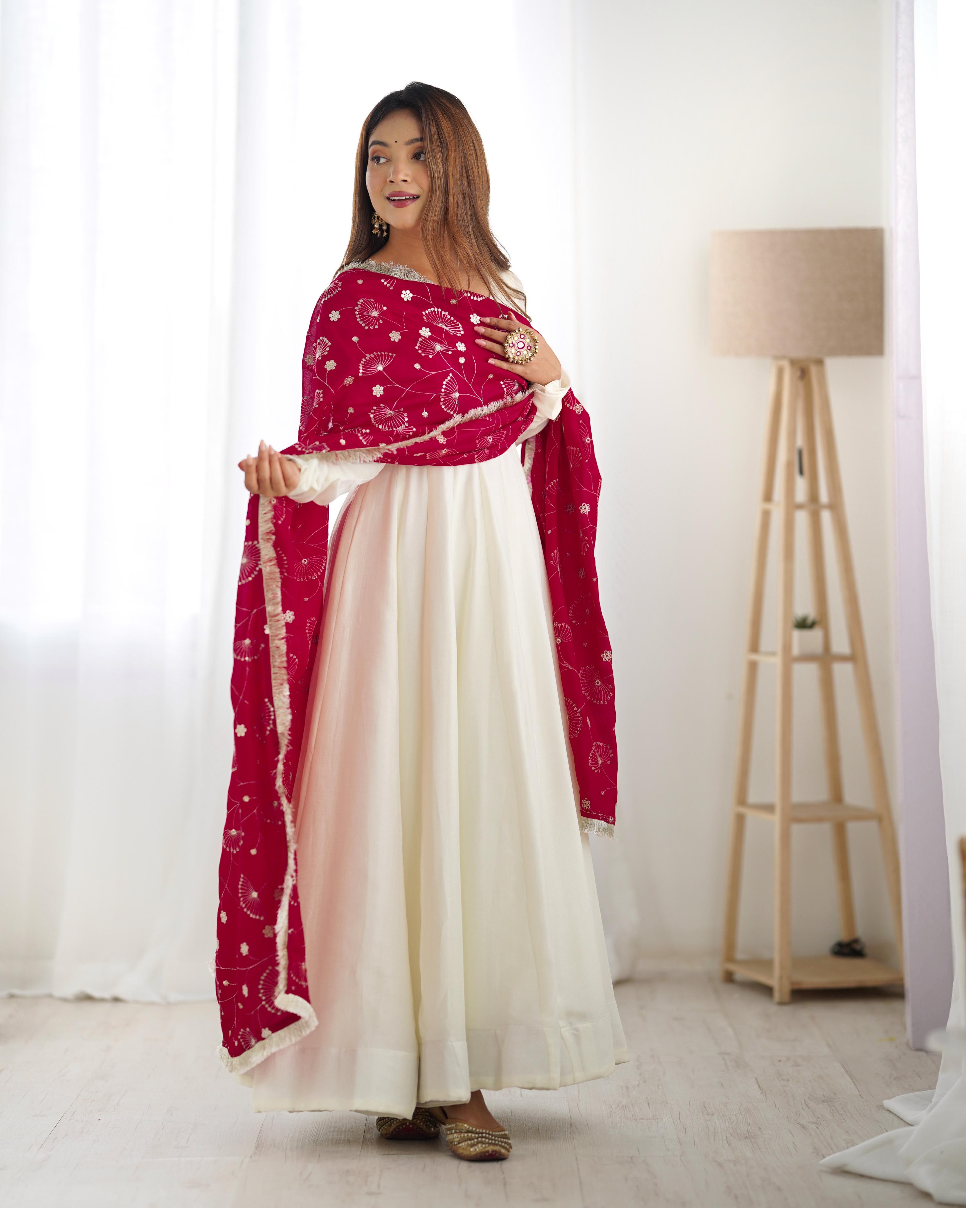 White Pure Soft Vichitra Silk Anarkali Suit Set With Huge Flair, Dark Pink Dupatta & Pant