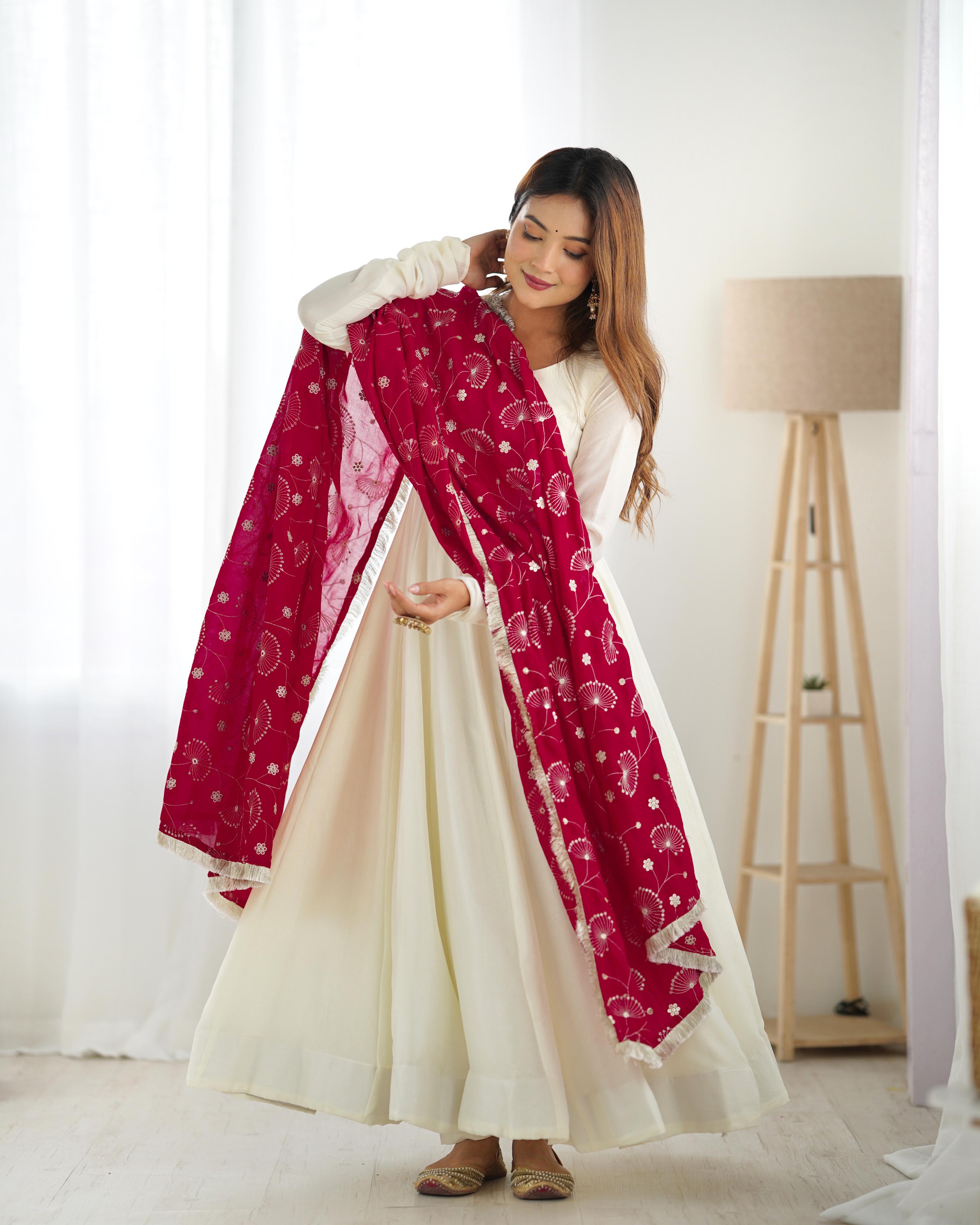 White Pure Soft Vichitra Silk Anarkali Suit Set With Huge Flair, Dark Pink Dupatta & Pant