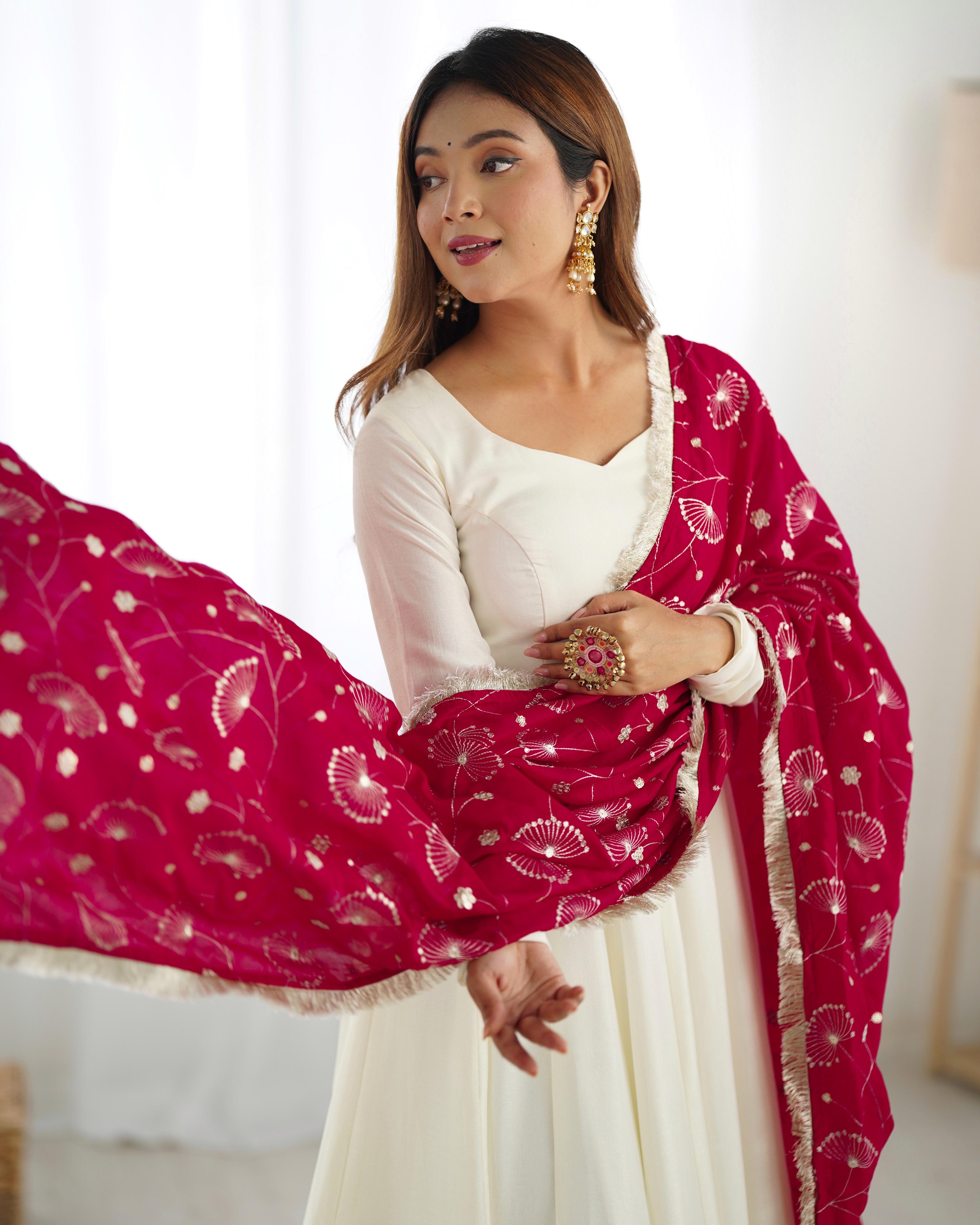 White Pure Soft Vichitra Silk Anarkali Suit Set With Huge Flair, Dark Pink Dupatta & Pant