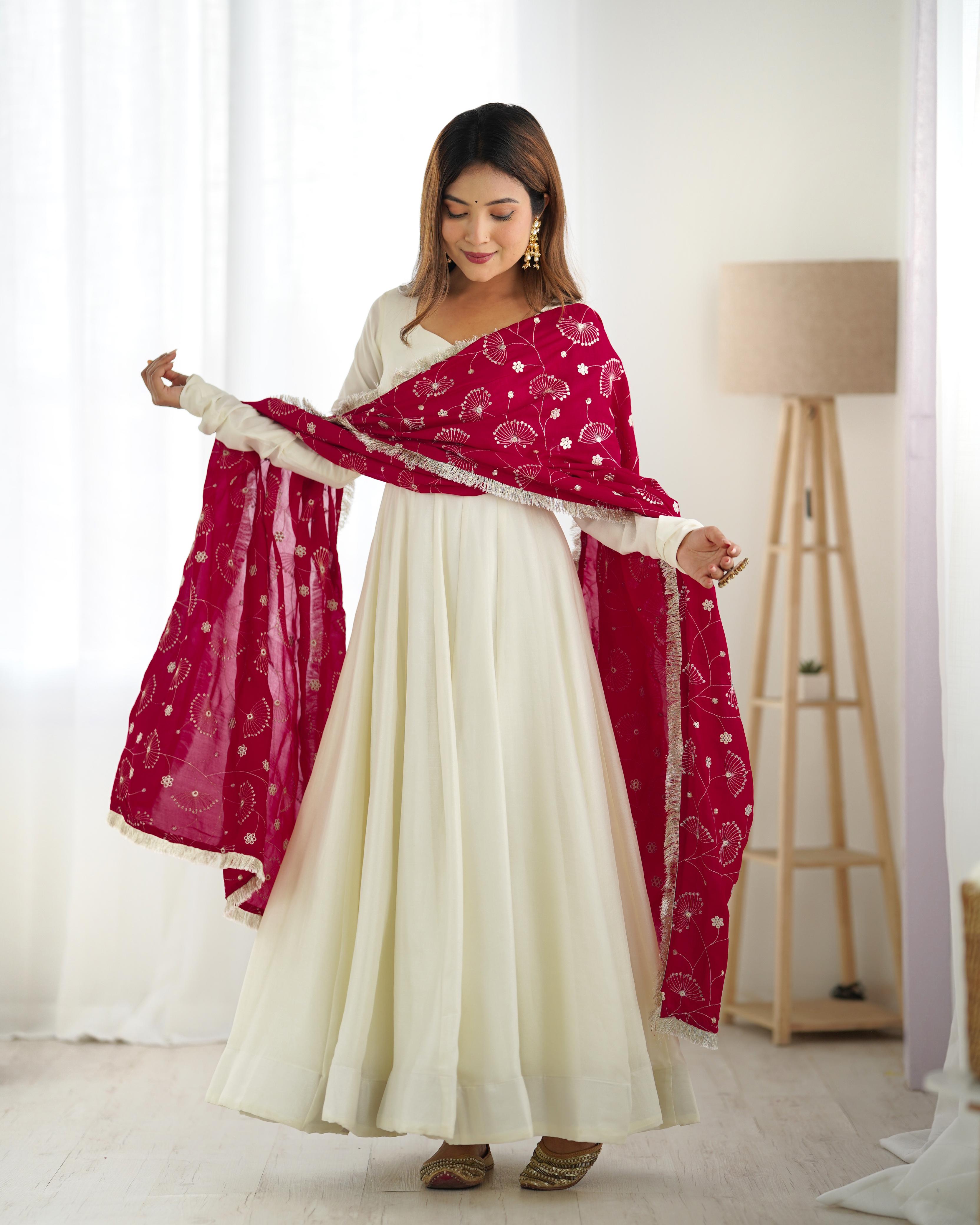 White Pure Soft Vichitra Silk Anarkali Suit Set With Huge Flair, Dark Pink Dupatta & Pant
