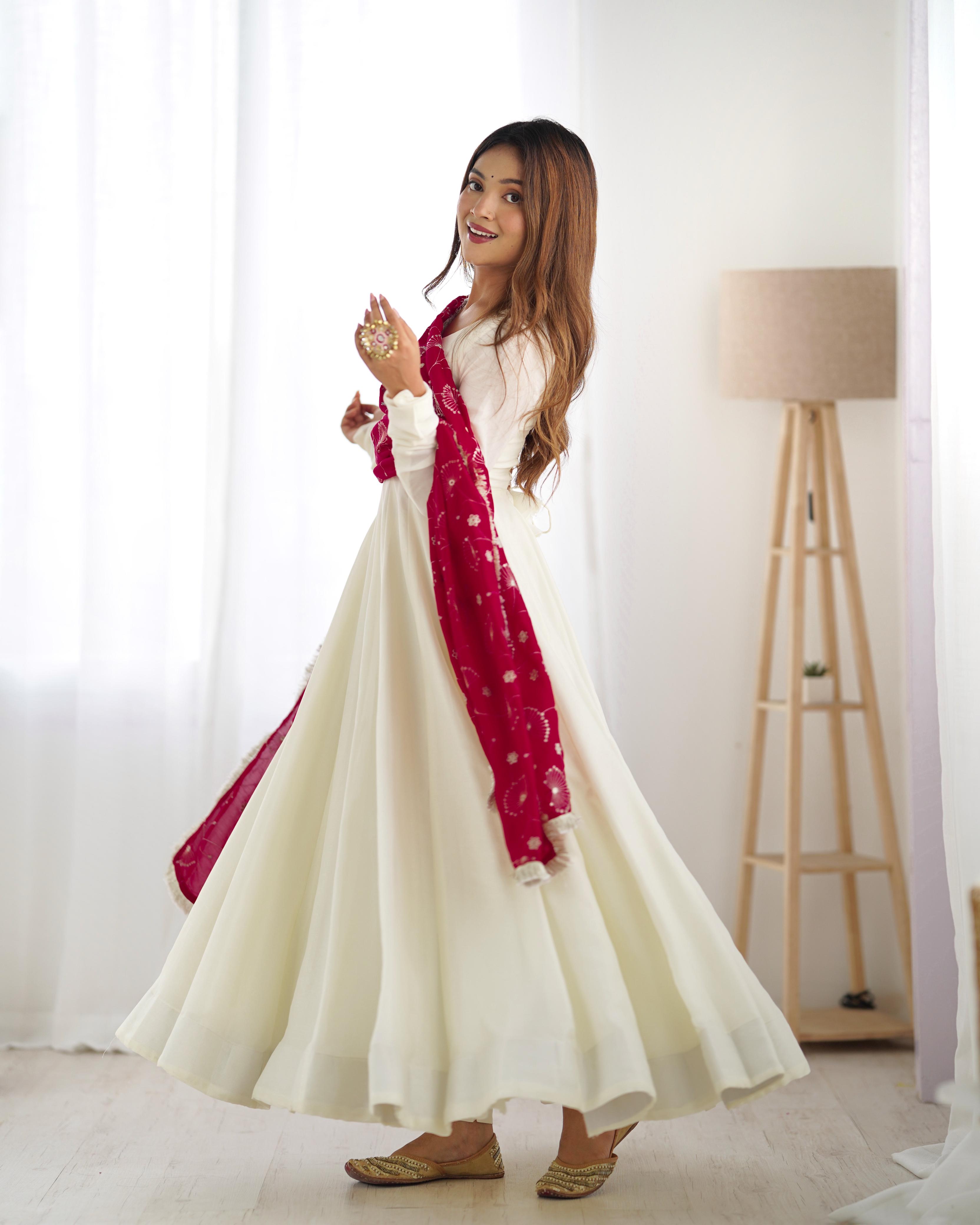 White Pure Soft Vichitra Silk Anarkali Suit Set With Huge Flair, Dark Pink Dupatta & Pant