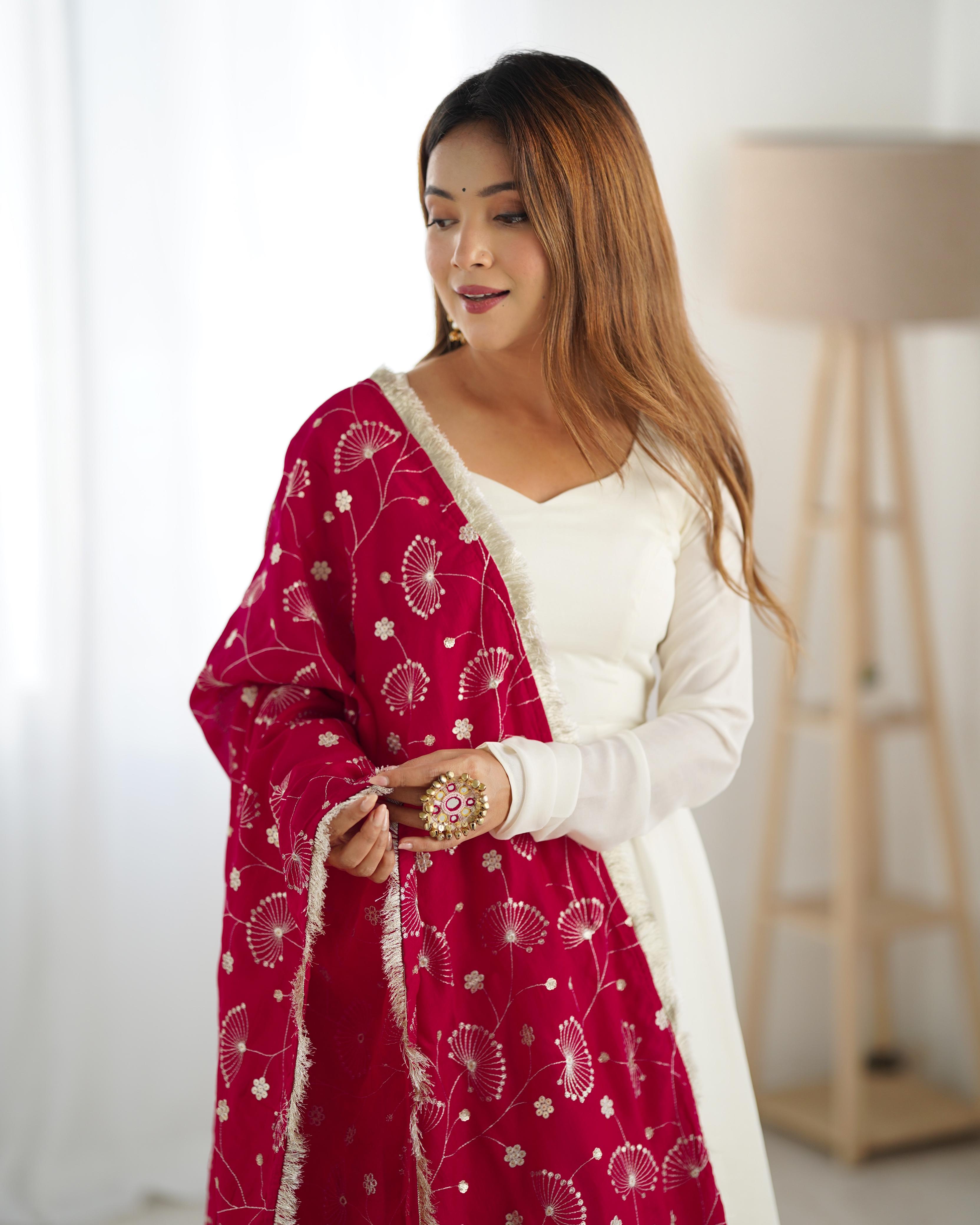 White Pure Soft Vichitra Silk Anarkali Suit Set With Huge Flair, Dark Pink Dupatta & Pant
