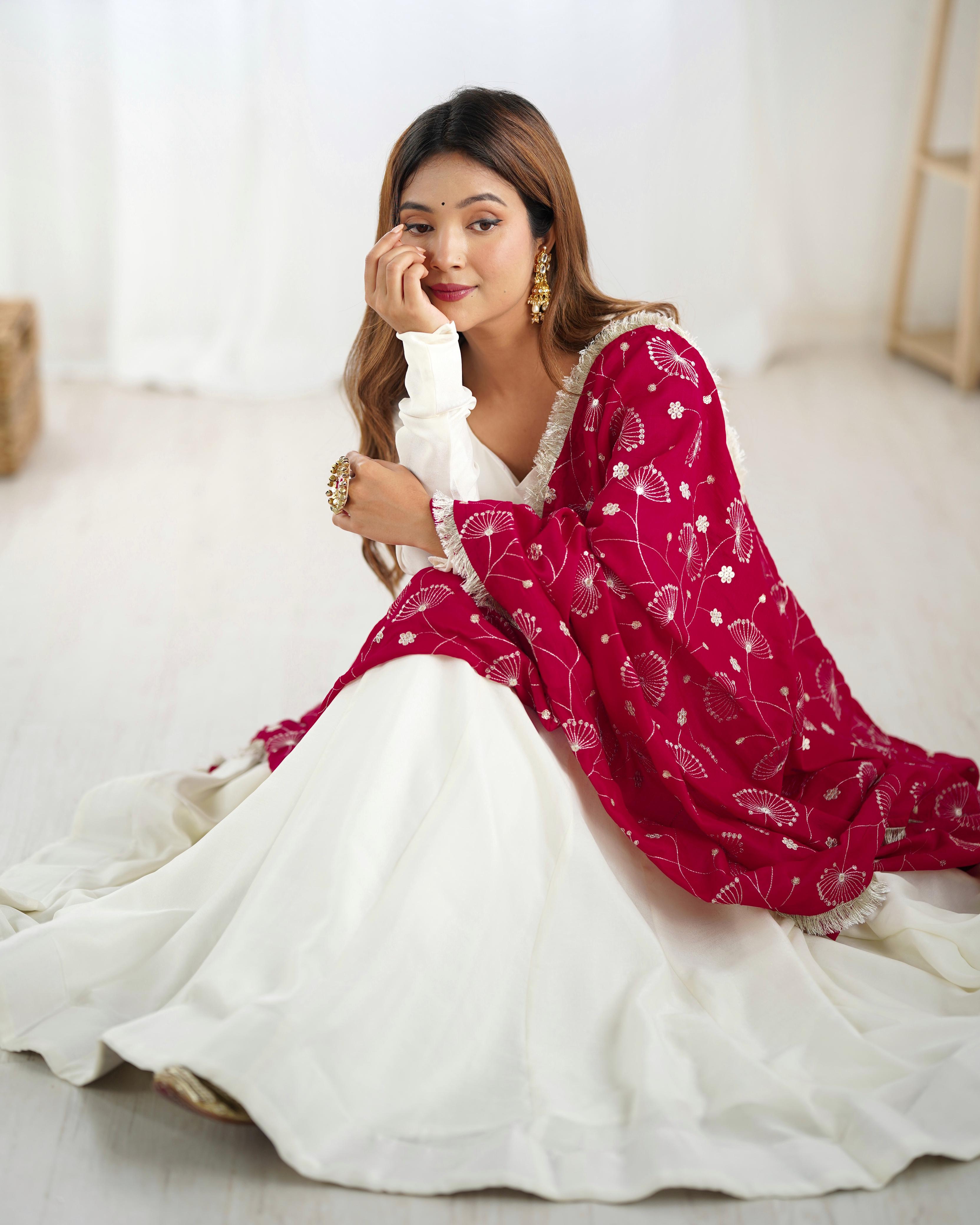 White Pure Soft Vichitra Silk Anarkali Suit Set With Huge Flair, Dark Pink Dupatta & Pant