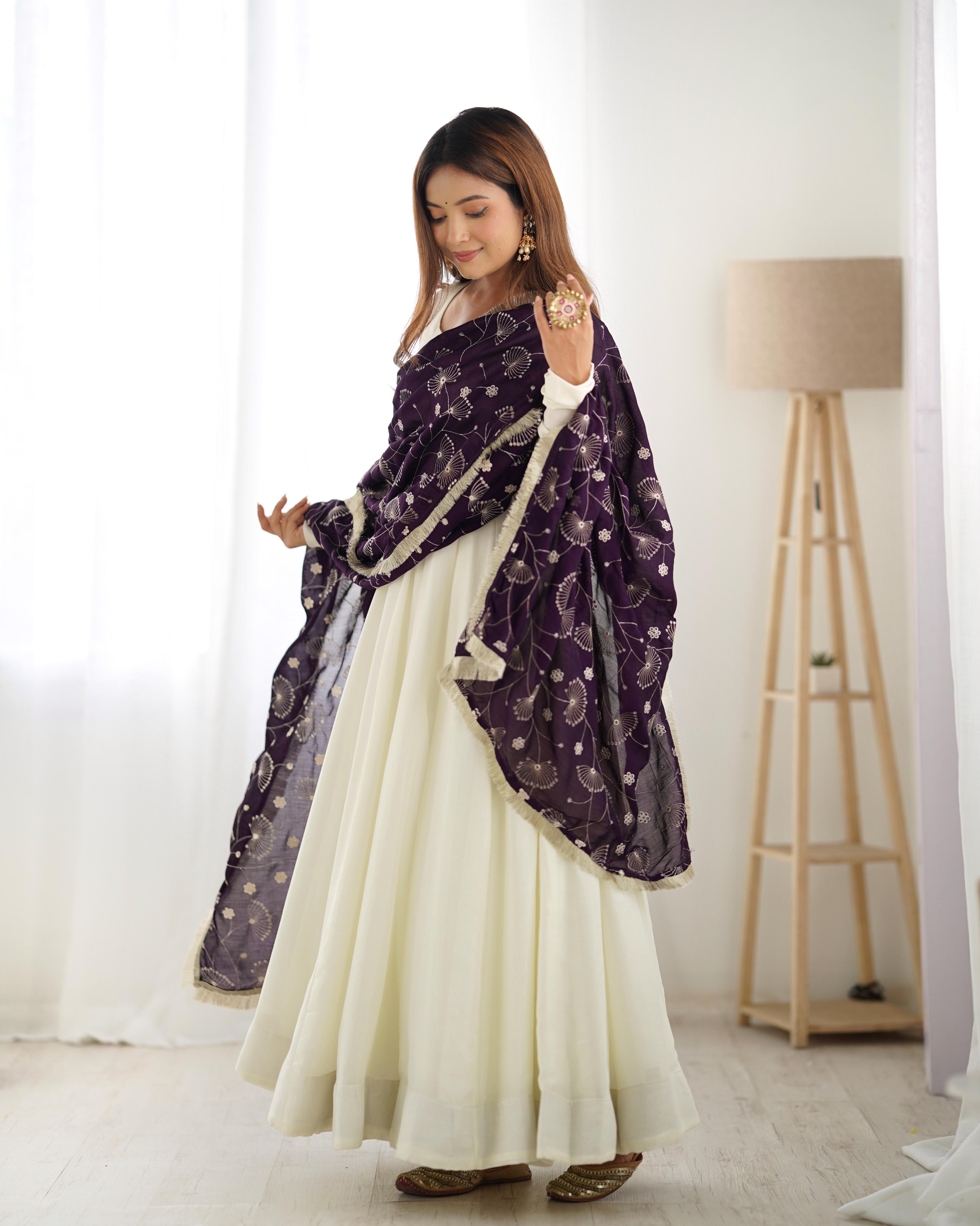 White Pure Soft Vichitra Silk Anarkali Suit Set With Huge Flair, Dark Purple Dupatta & Pant