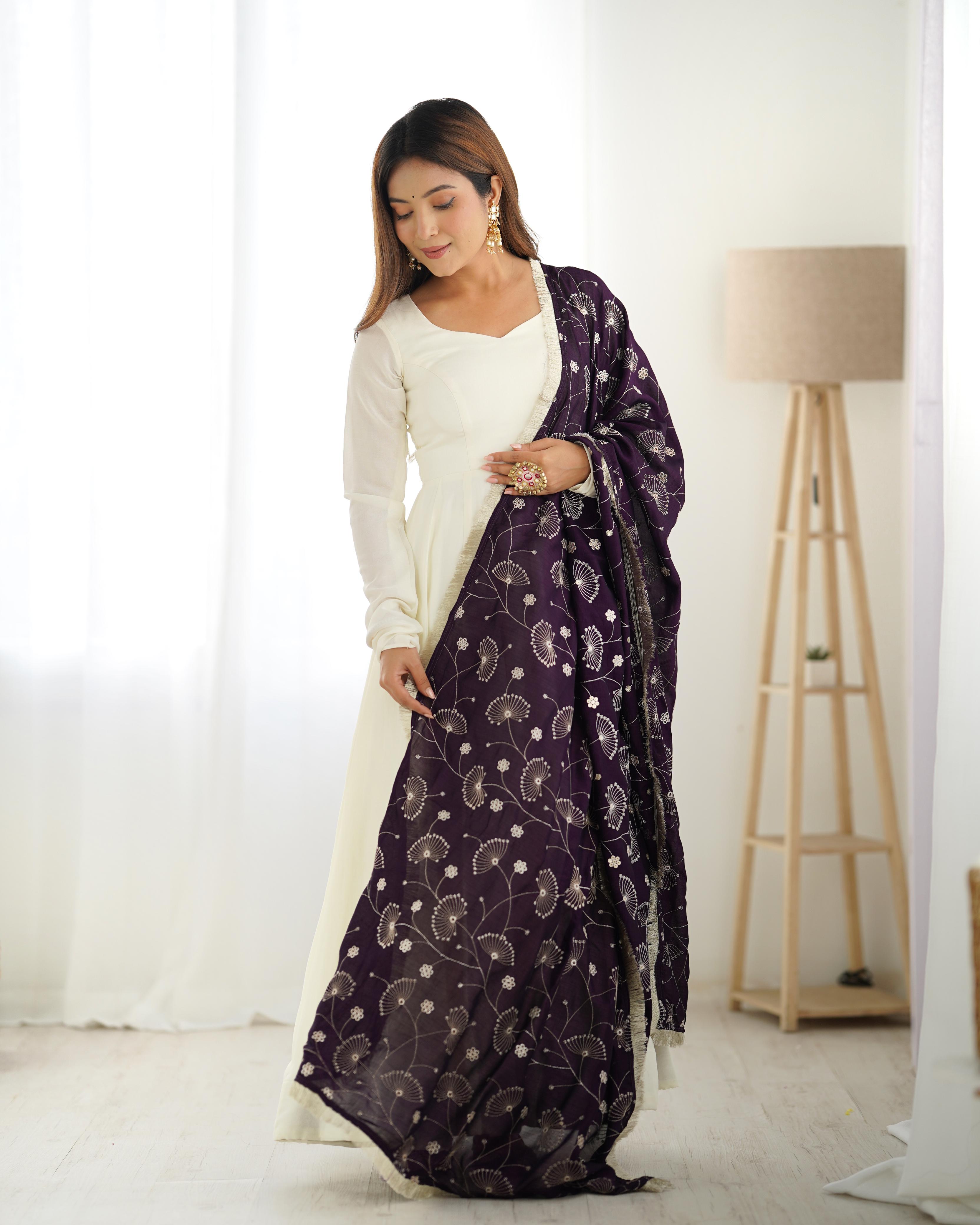 White Pure Soft Vichitra Silk Anarkali Suit Set With Huge Flair, Dark Purple Dupatta & Pant