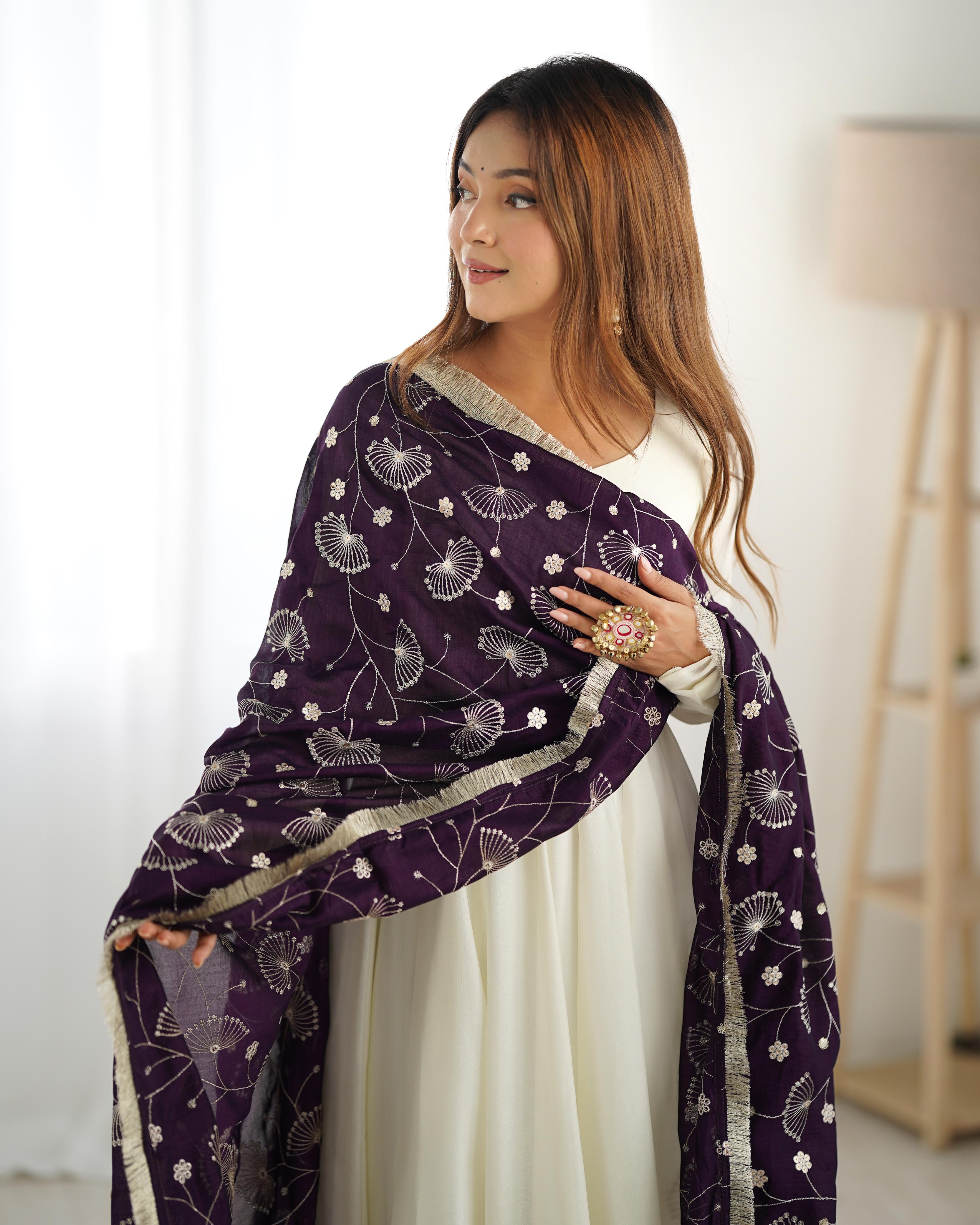White Pure Soft Vichitra Silk Anarkali Suit Set With Huge Flair, Dark Purple Dupatta & Pant