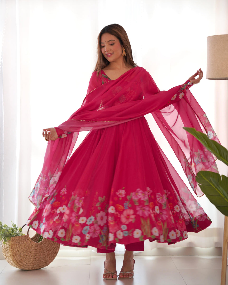 Pink Pure Soft Organza Anarkali Suit Set With Huge Flair, Dupatta & Pa ...