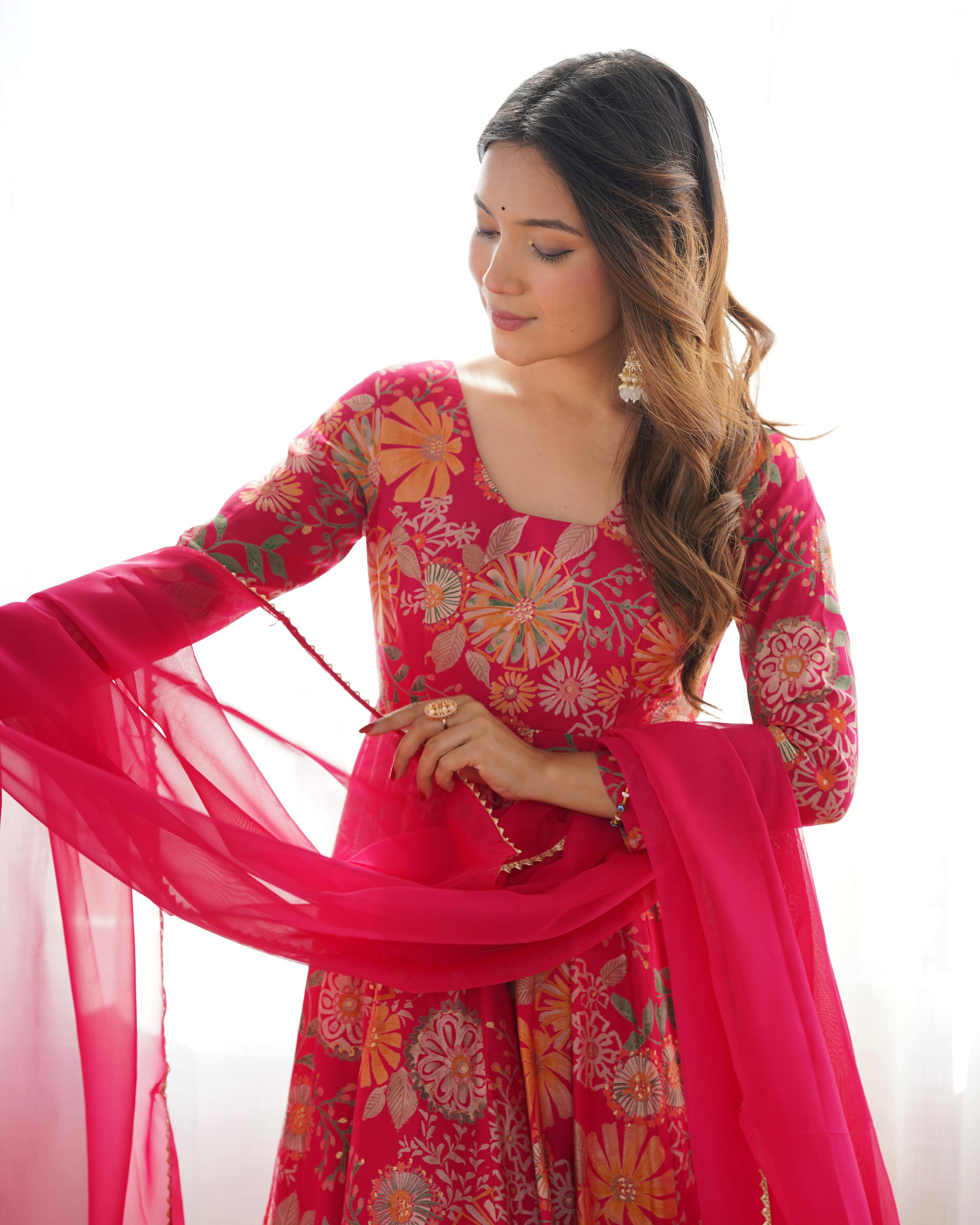 Pink Pure Roman Silk Chanderi Kediya Set With Huge Flair, Dupatta & Plazo