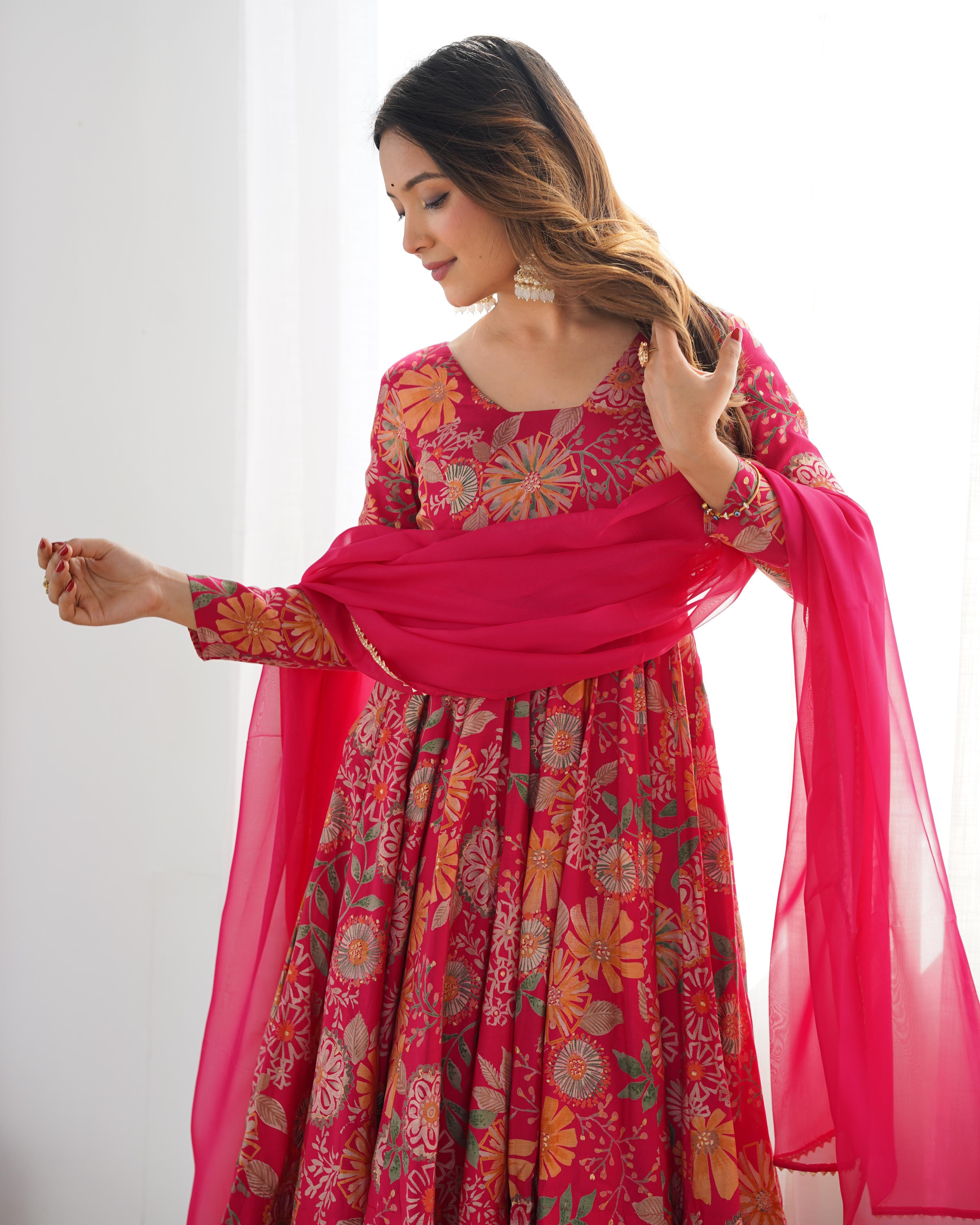 Pink Pure Roman Silk Chanderi Kediya Set With Huge Flair, Dupatta & Plazo