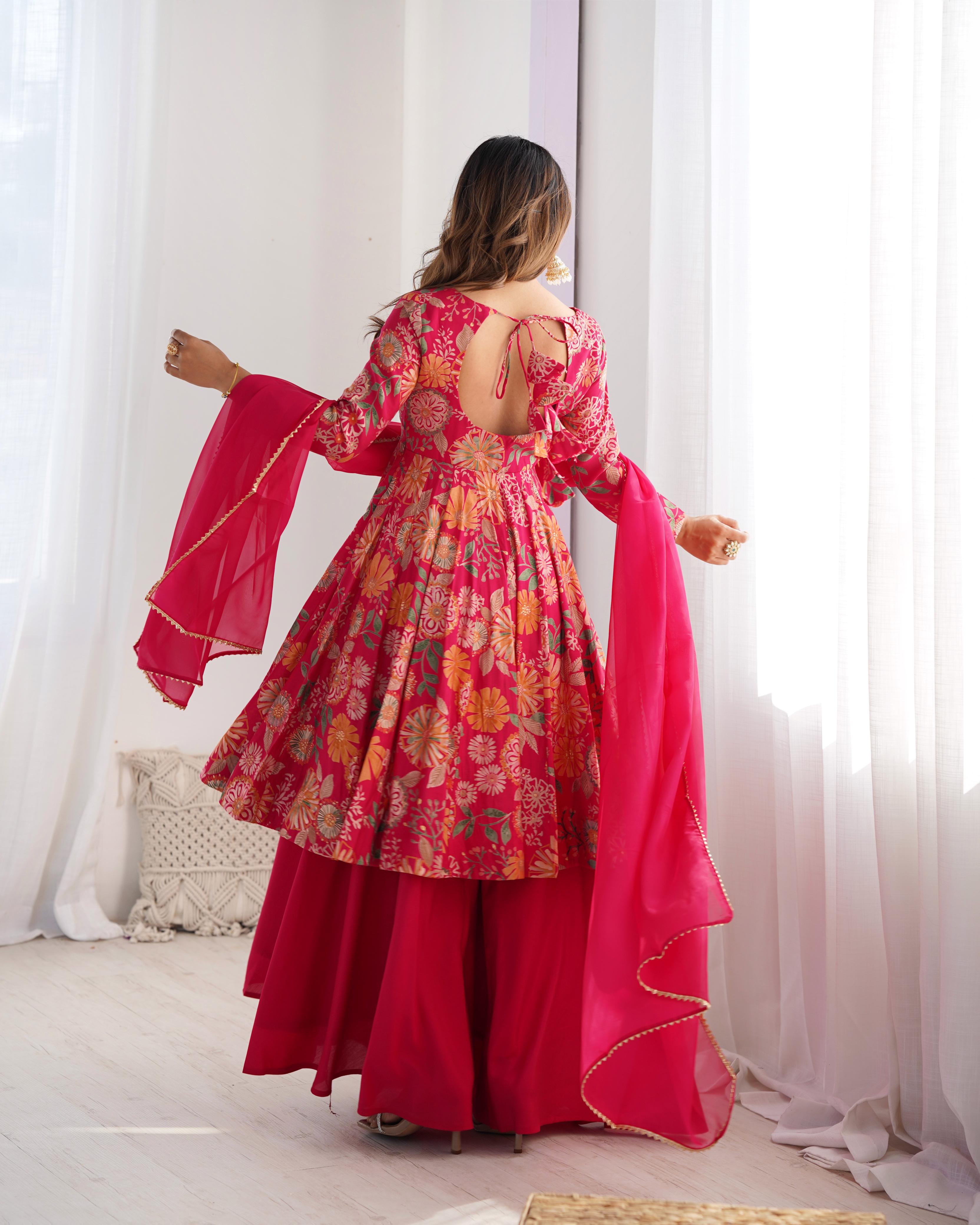 Pink Pure Roman Silk Chanderi Kediya Set With Huge Flair, Dupatta & Plazo