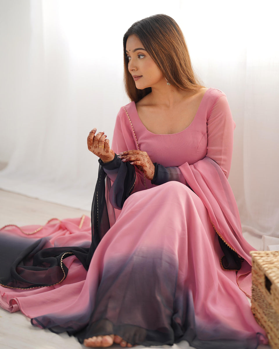 Onion Pink Pure Soft Fox Georgette Anarkali Suit Set With Huge Flair ...