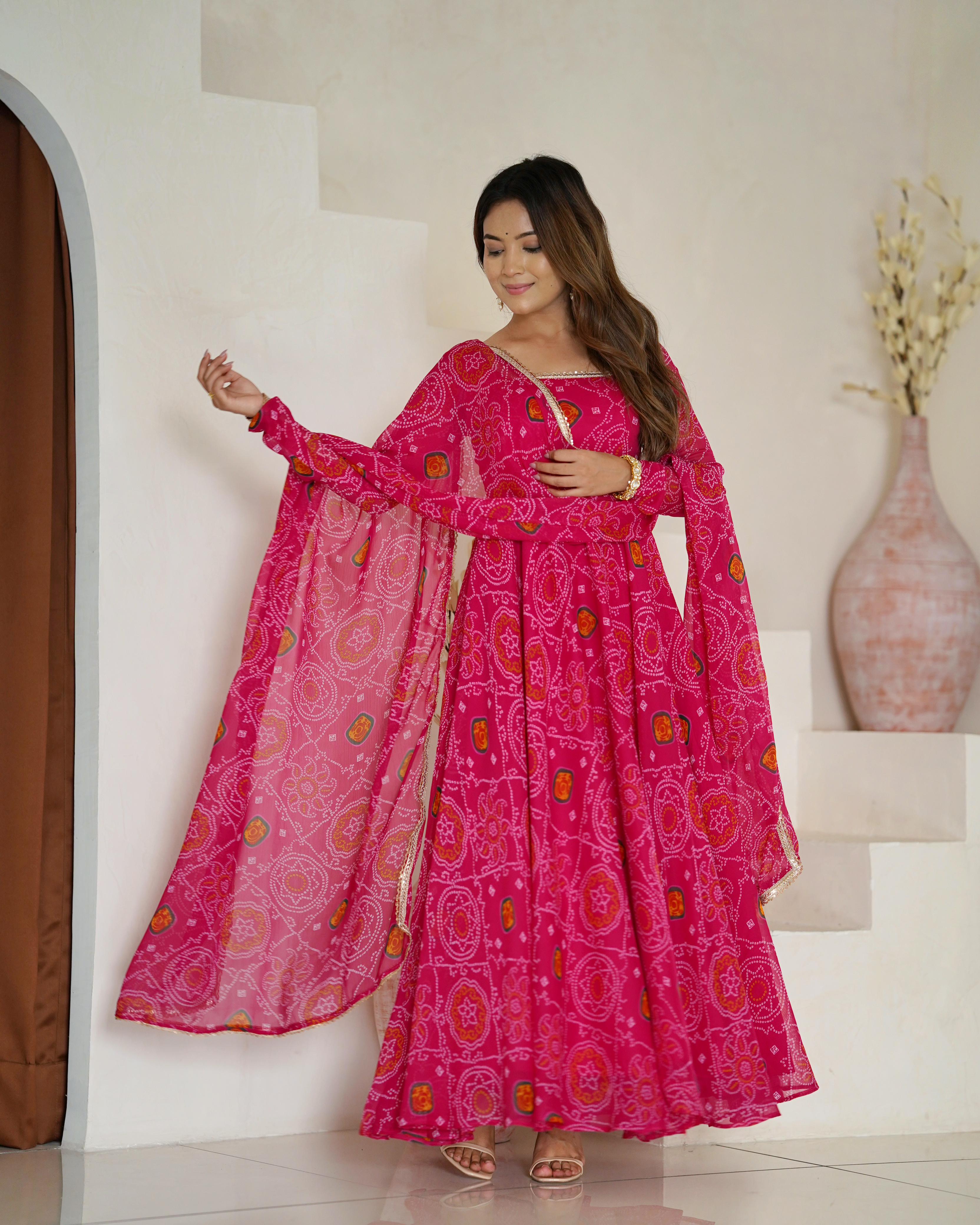 Pink Pure Soft Lightweight Chiffon Anarkali Suit Set With Huge Flair, Dupatta & Pant