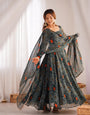 Bottle Green Pure Soft Lightweight Chiffon Anarkali Suit Set With Huge Flair, Dupatta & Pant