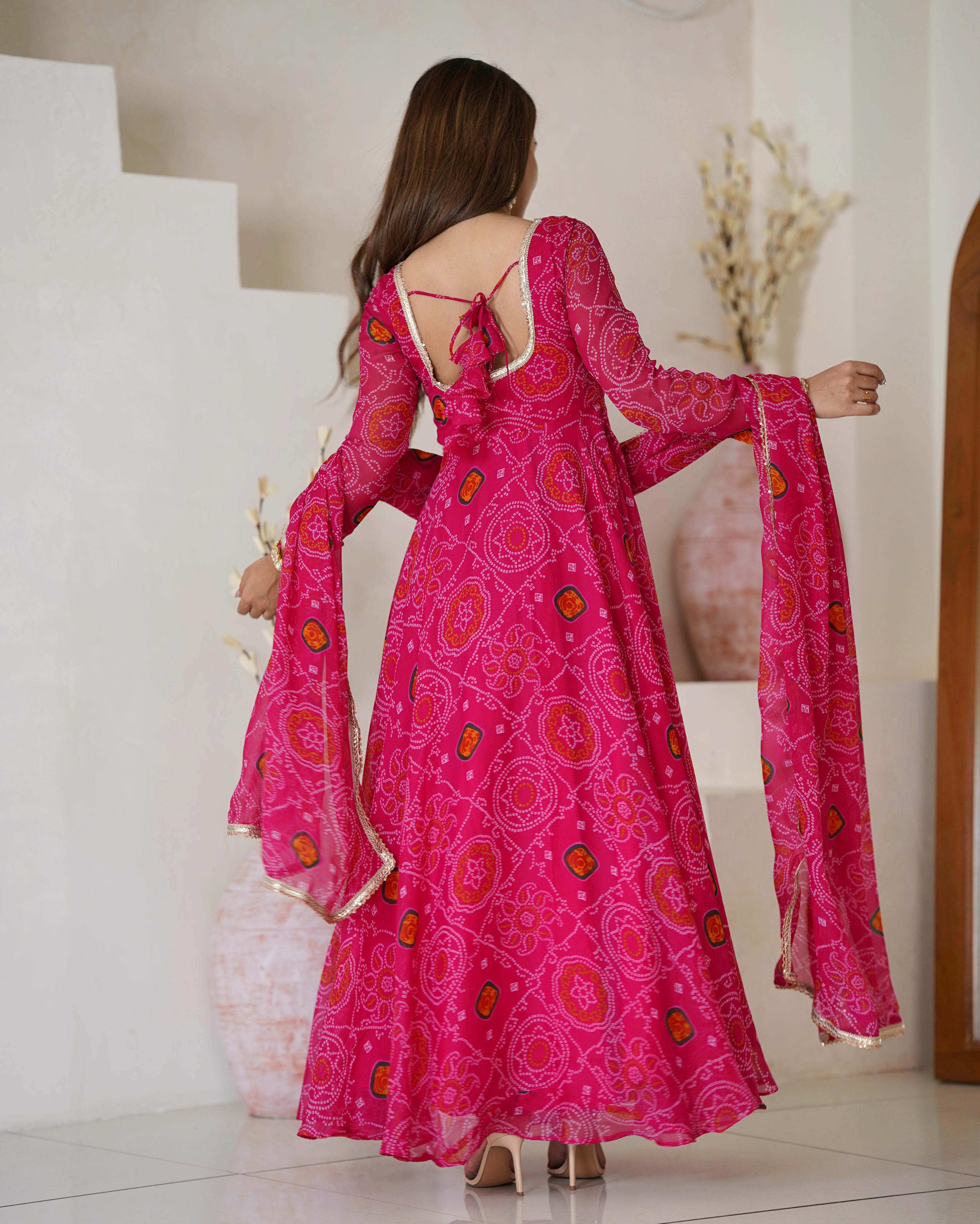 Pink Pure Soft Lightweight Chiffon Anarkali Suit Set With Huge Flair, Dupatta & Pant