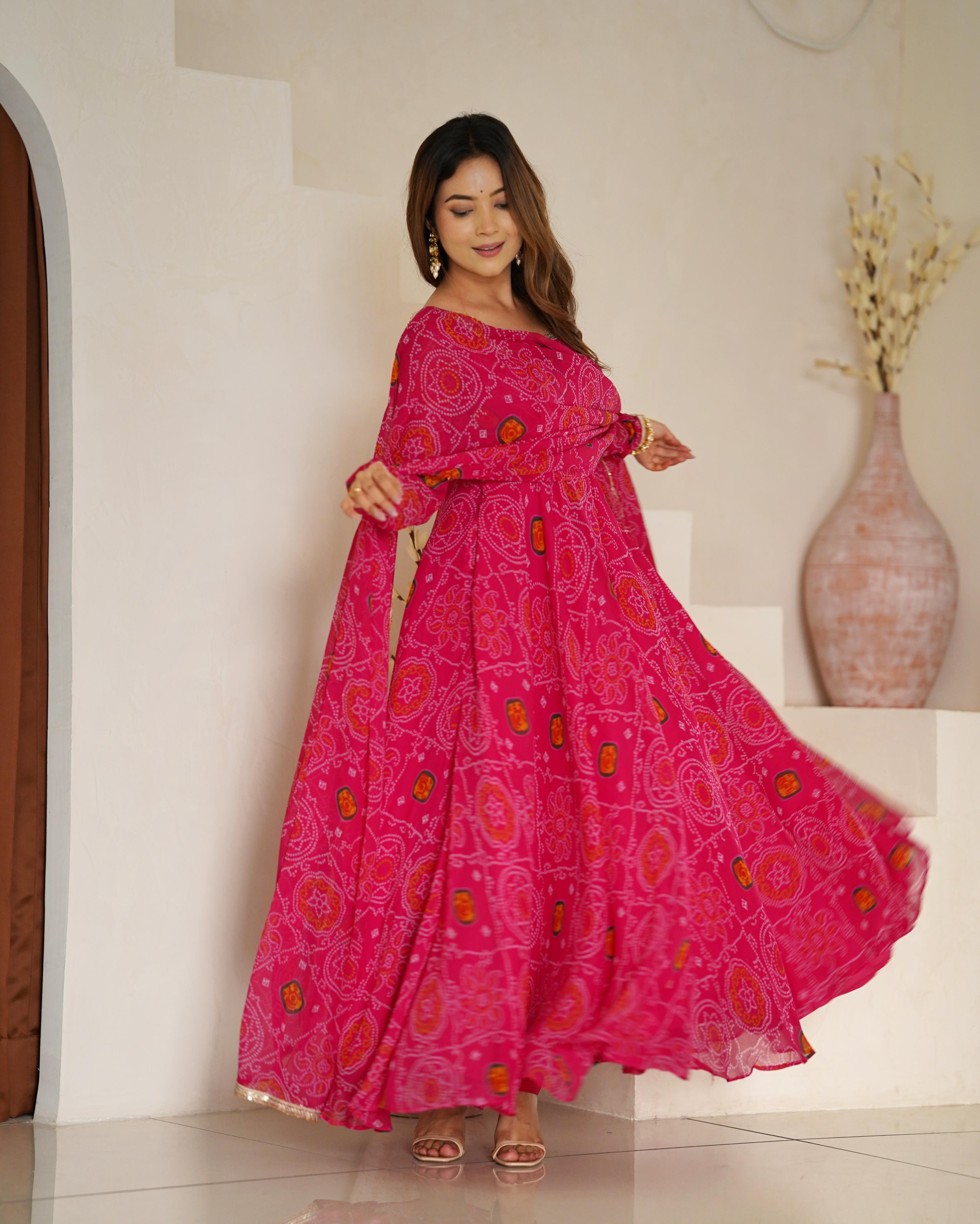 Pink Pure Soft Lightweight Chiffon Anarkali Suit Set With Huge Flair, Dupatta & Pant