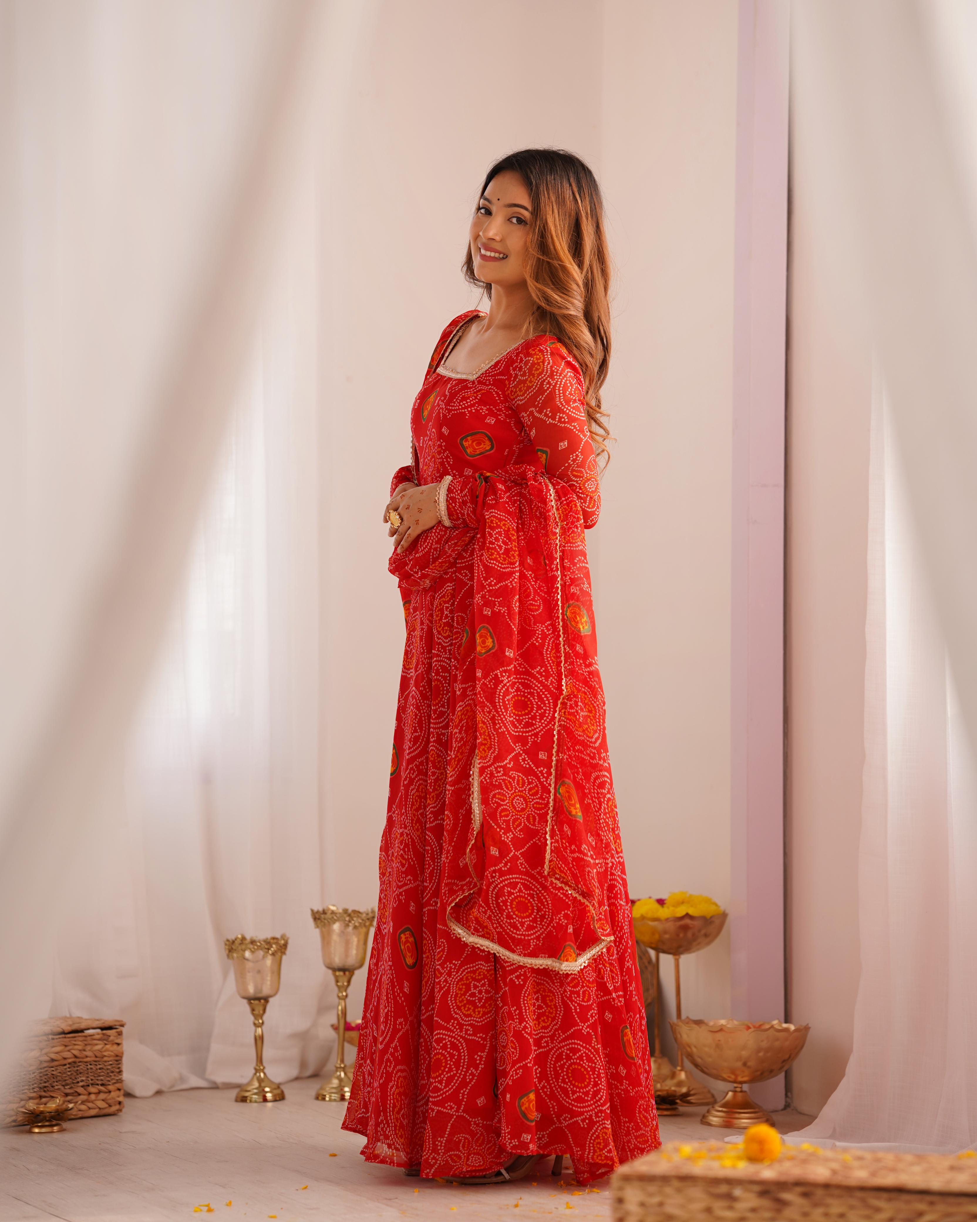 Red Pure Soft Lightweight Chiffon Anarkali Suit Set With Huge Flair, Dupatta & Pant