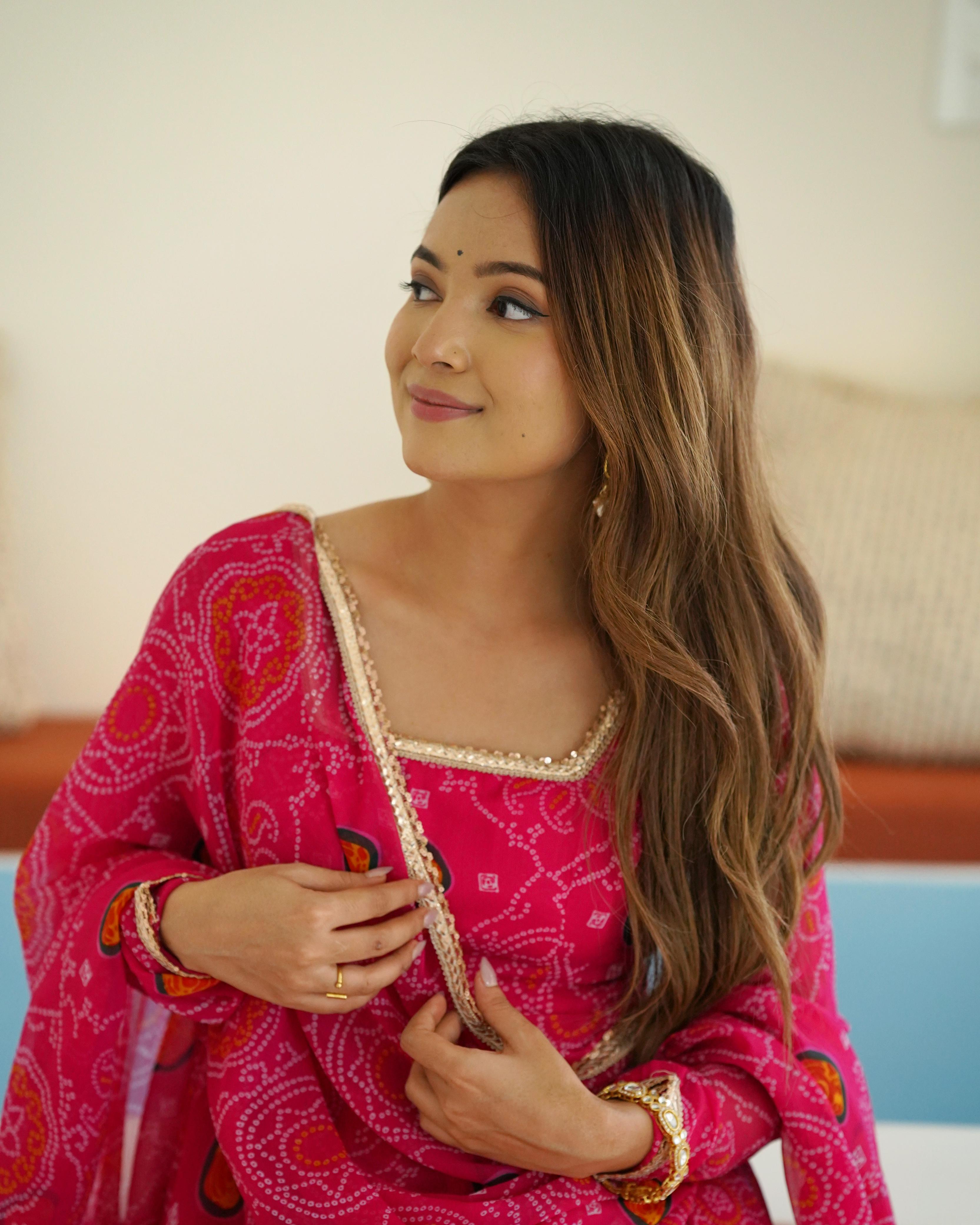 Pink Pure Soft Lightweight Chiffon Anarkali Suit Set With Huge Flair, Dupatta & Pant