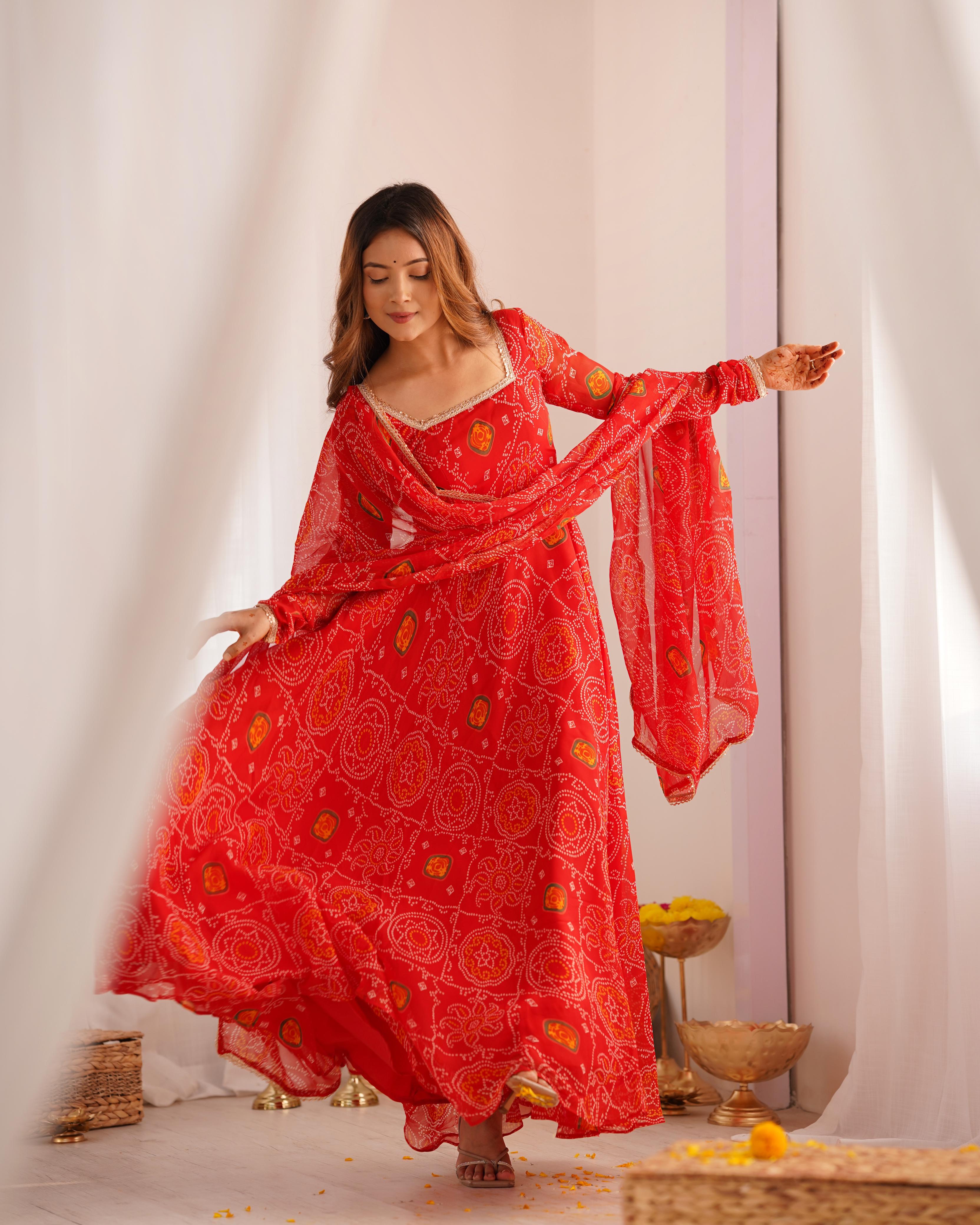 Red Pure Soft Lightweight Chiffon Anarkali Suit Set With Huge Flair, Dupatta & Pant