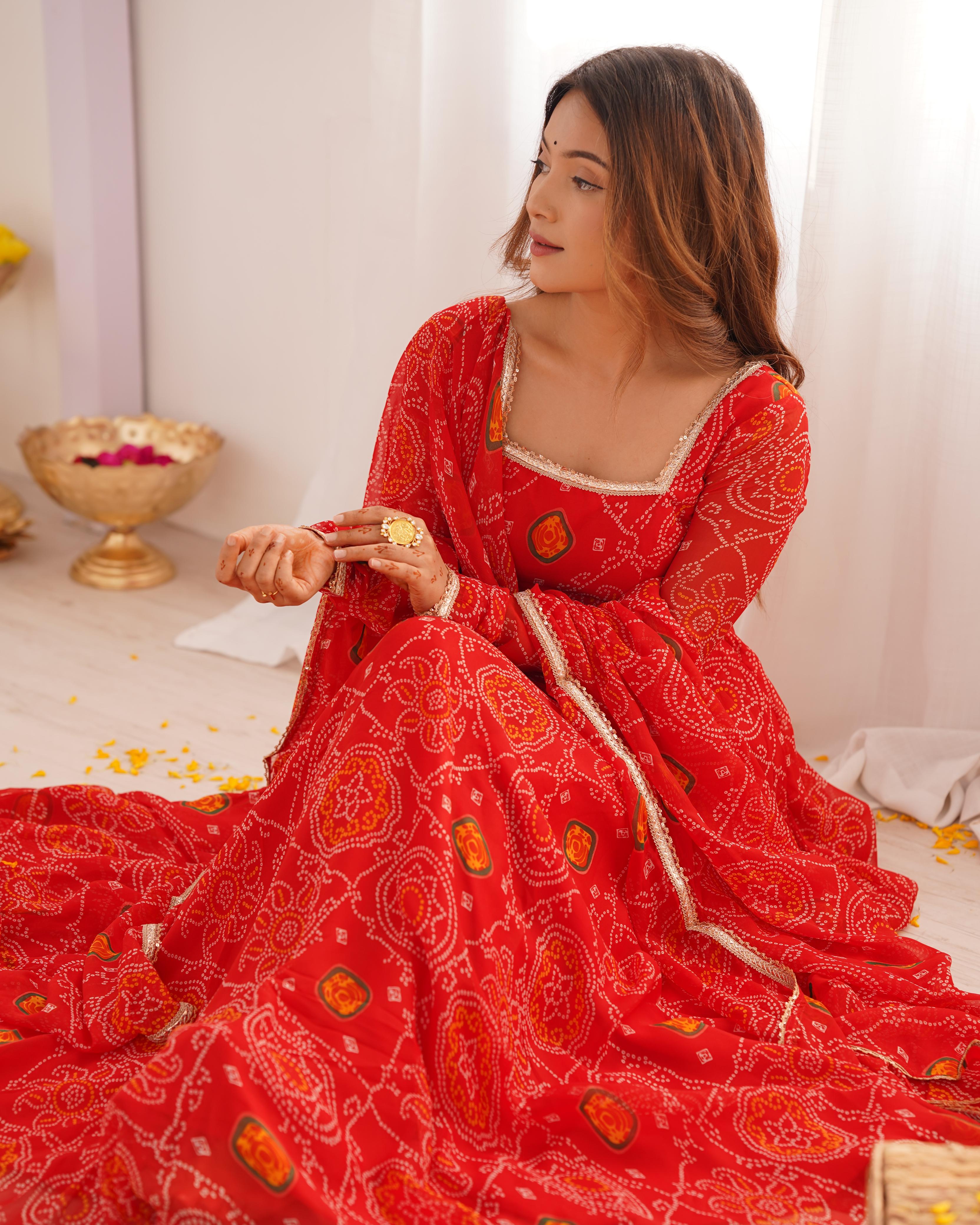 Red Pure Soft Lightweight Chiffon Anarkali Suit Set With Huge Flair, Dupatta & Pant