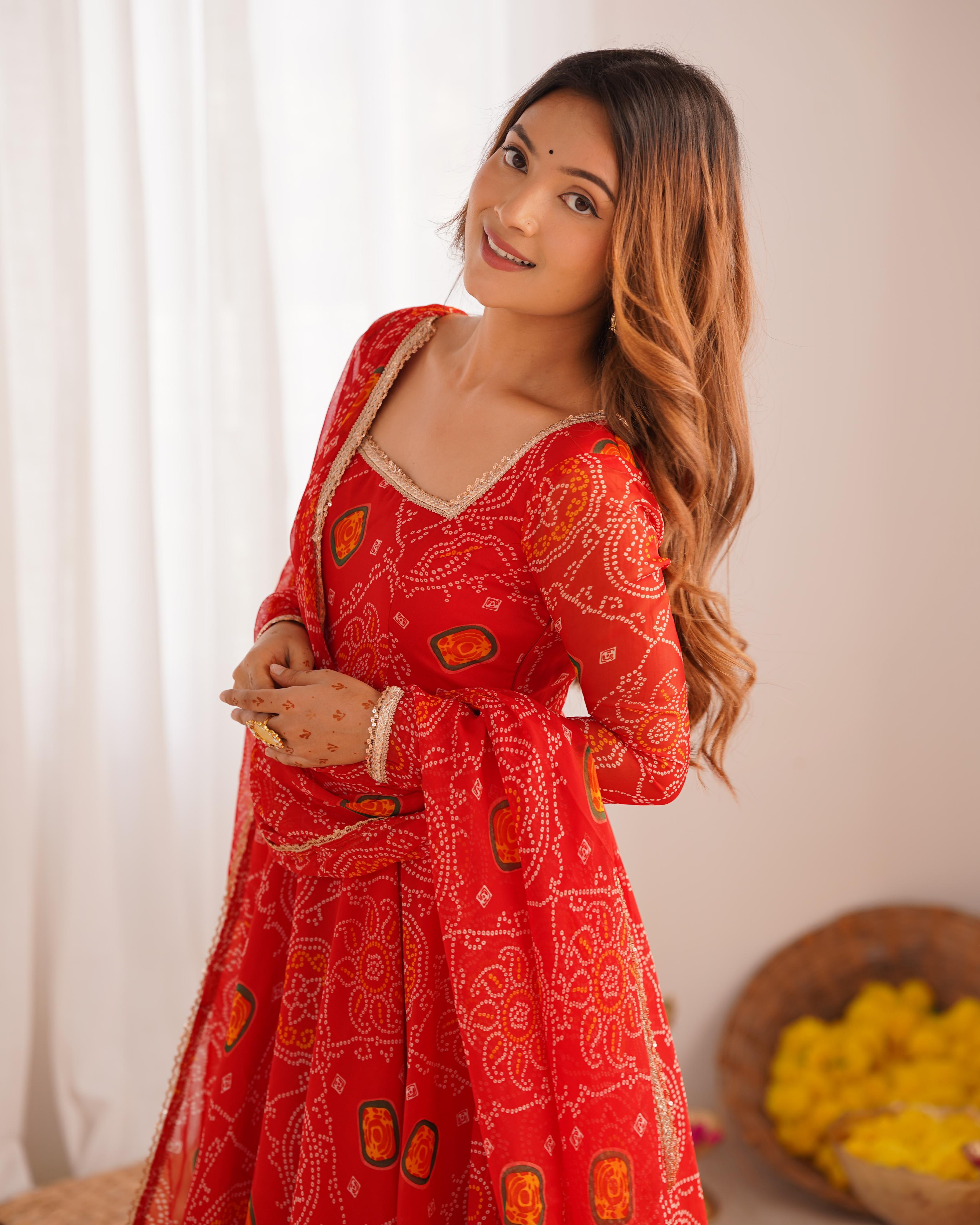 Red Pure Soft Lightweight Chiffon Anarkali Suit Set With Huge Flair, Dupatta & Pant