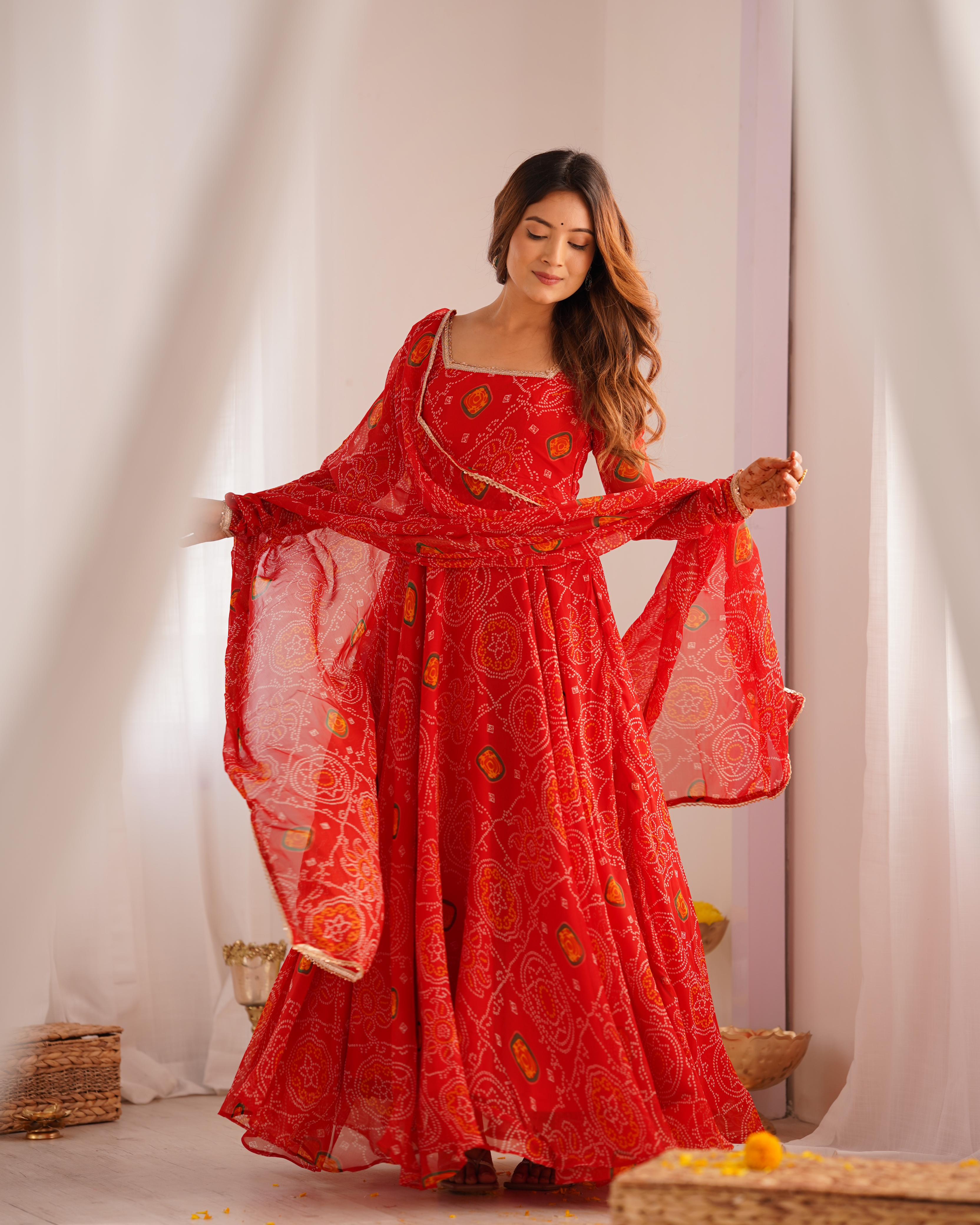 Red Pure Soft Lightweight Chiffon Anarkali Suit Set With Huge Flair, Dupatta & Pant