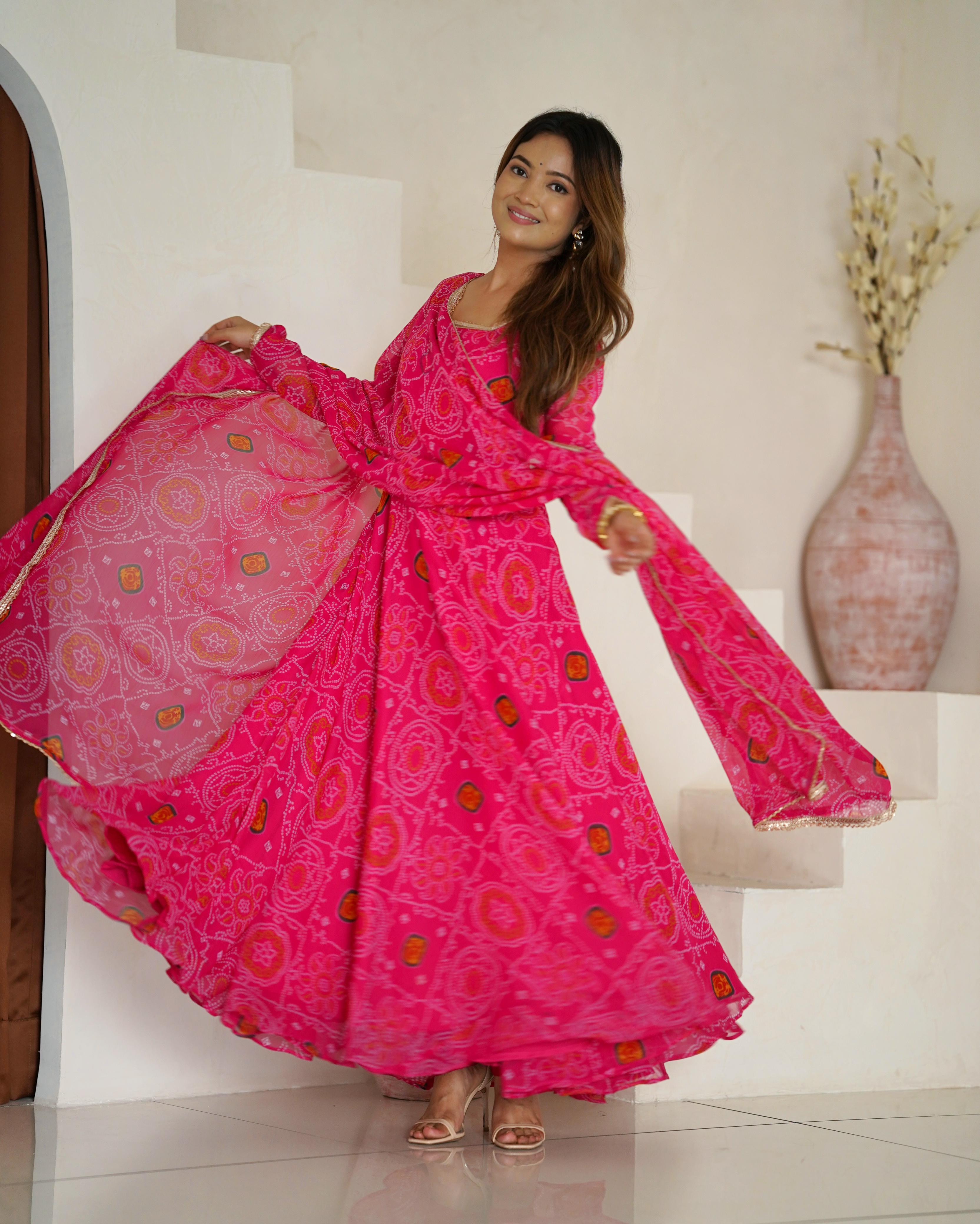 Pink Pure Soft Lightweight Chiffon Anarkali Suit Set With Huge Flair, Dupatta & Pant