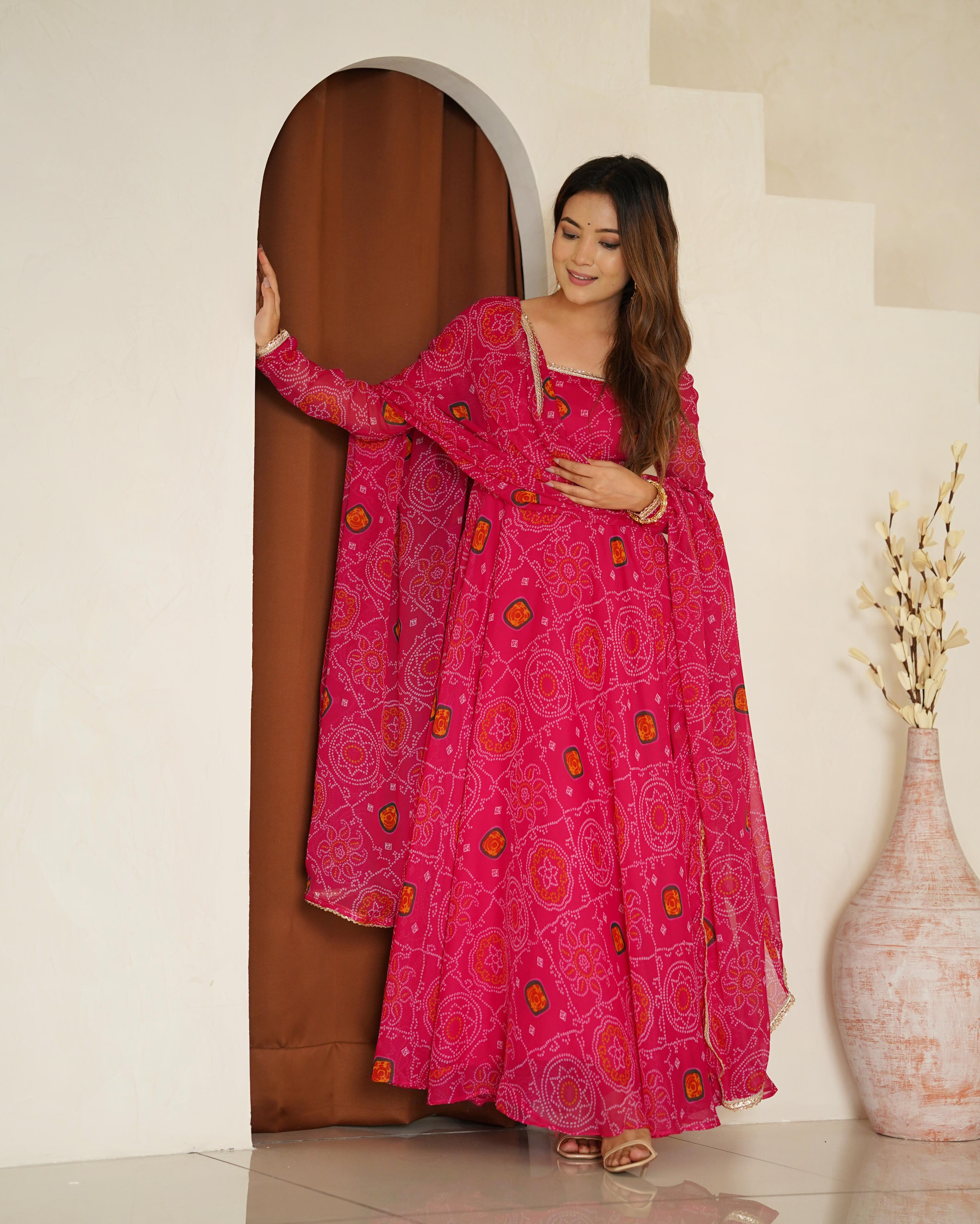 Pink Pure Soft Lightweight Chiffon Anarkali Suit Set With Huge Flair, Dupatta & Pant
