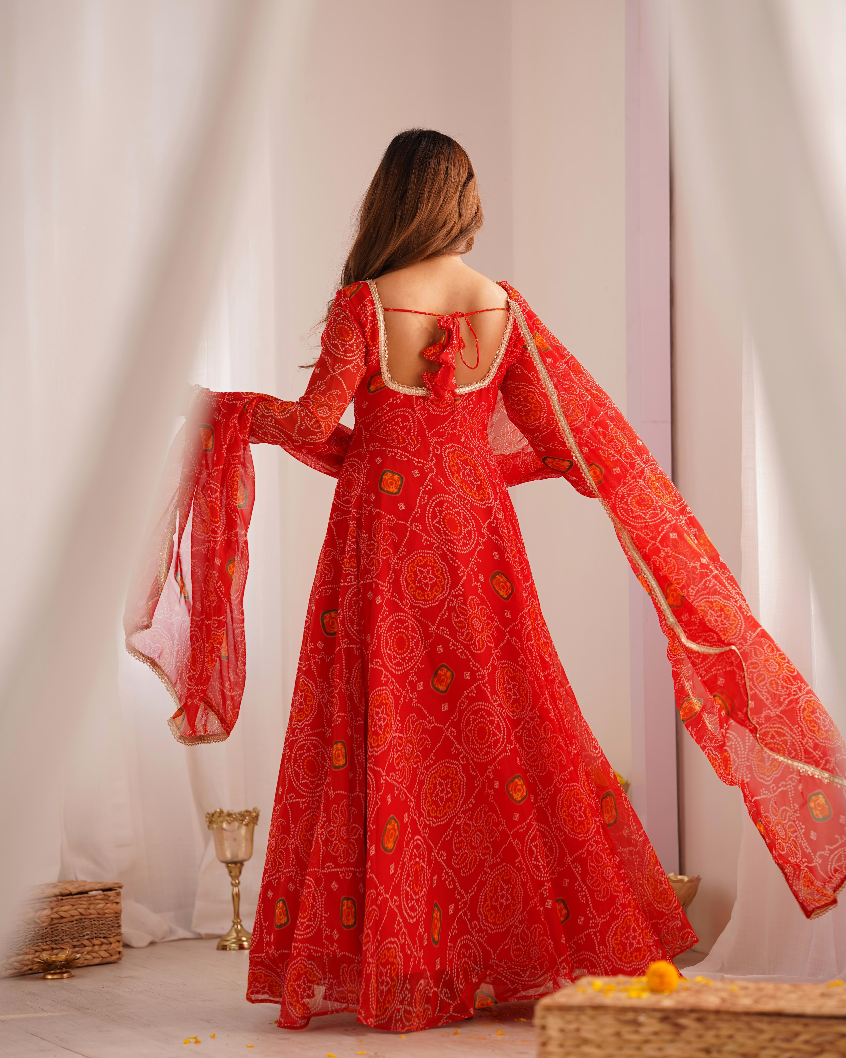 Red Pure Soft Lightweight Chiffon Anarkali Suit Set With Huge Flair, Dupatta & Pant