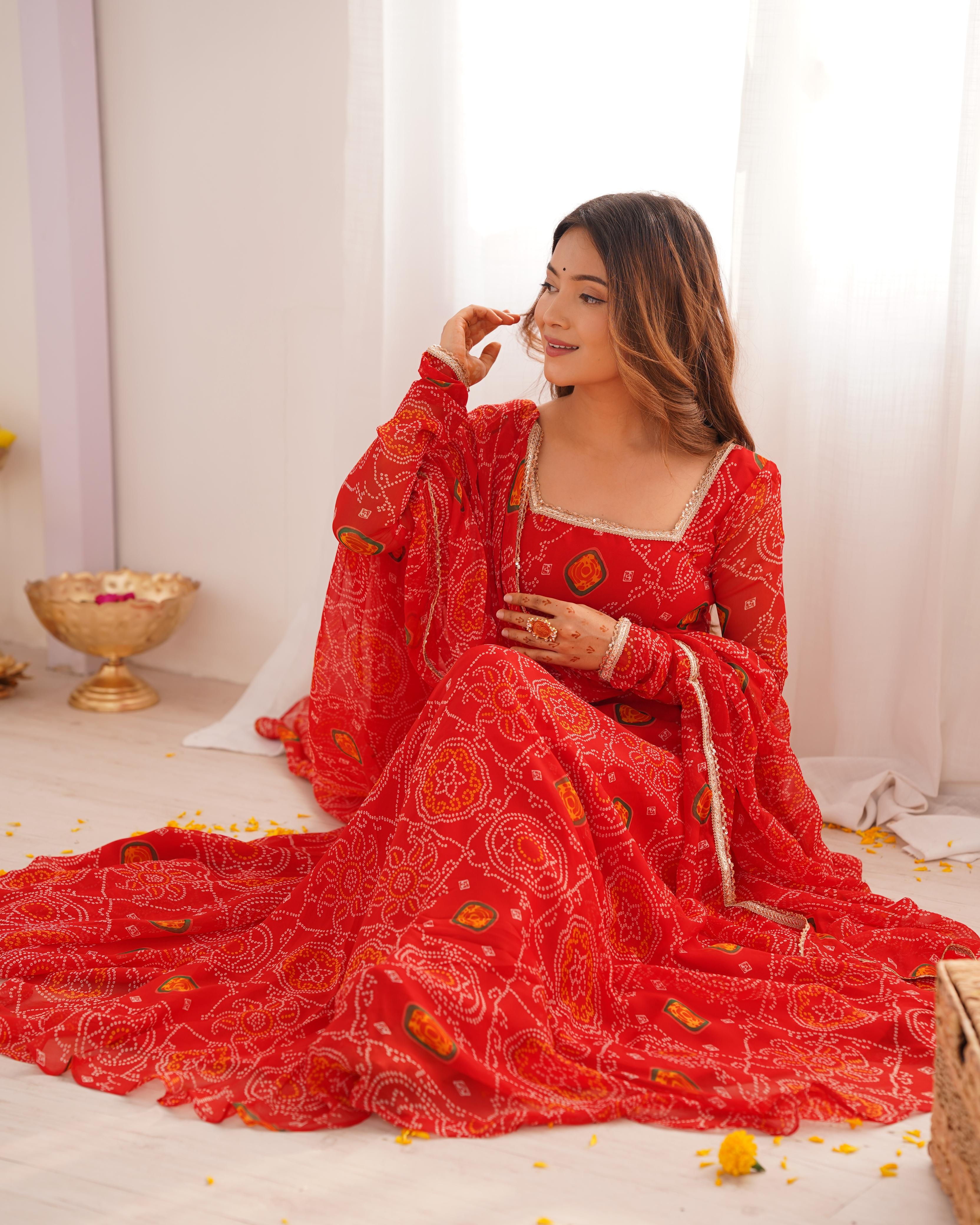 Red Pure Soft Lightweight Chiffon Anarkali Suit Set With Huge Flair, Dupatta & Pant