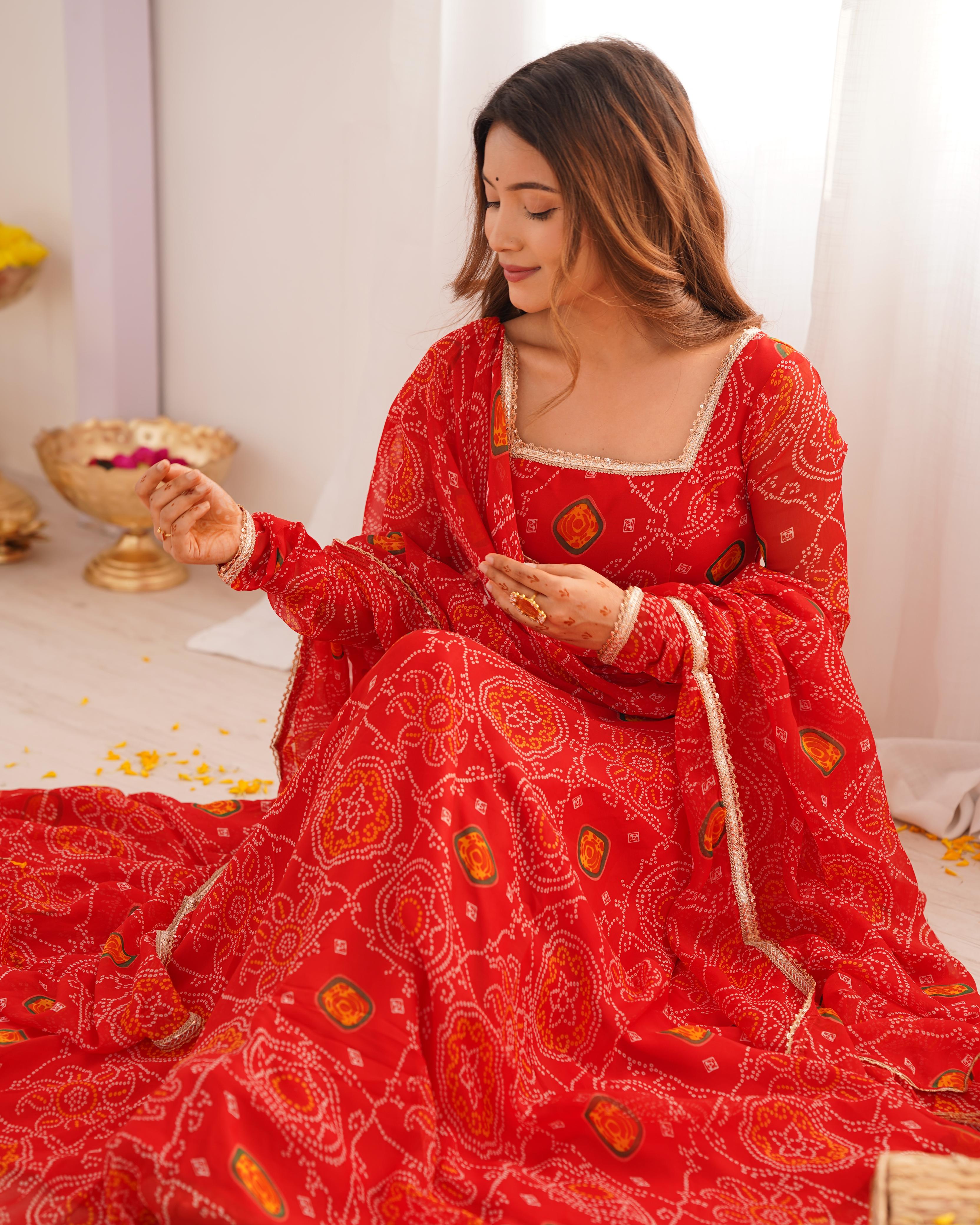 Red Pure Soft Lightweight Chiffon Anarkali Suit Set With Huge Flair, Dupatta & Pant